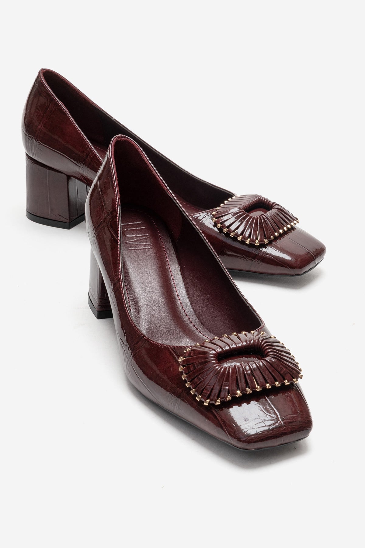 VELORA - Burgundy Buckled Block Heel Shoe – front three-quarter view showing leather, SimmiUnique