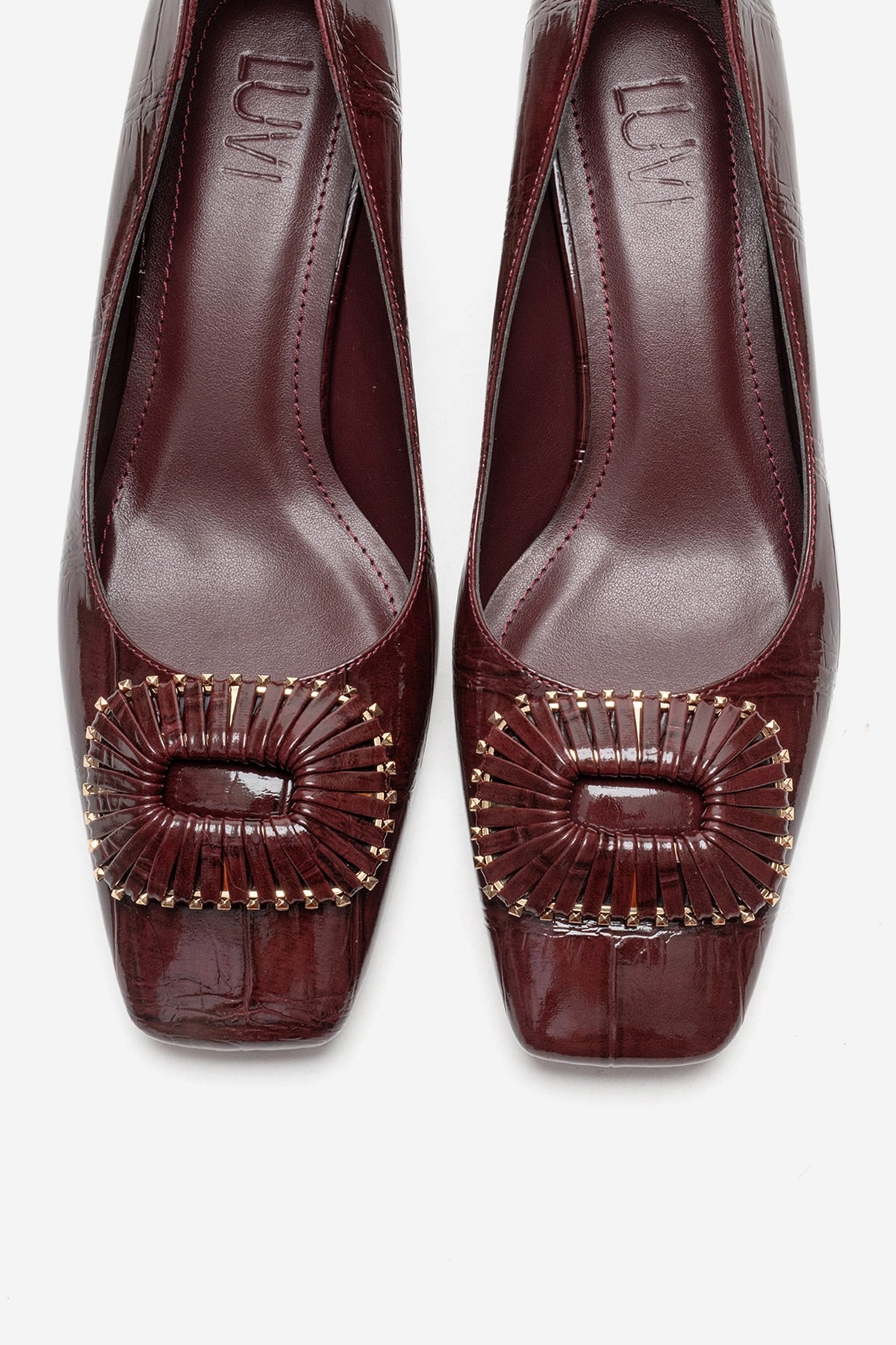 VELORA - Burgundy Buckled Block Heel Shoe – side view showing leather, SimmiUnique