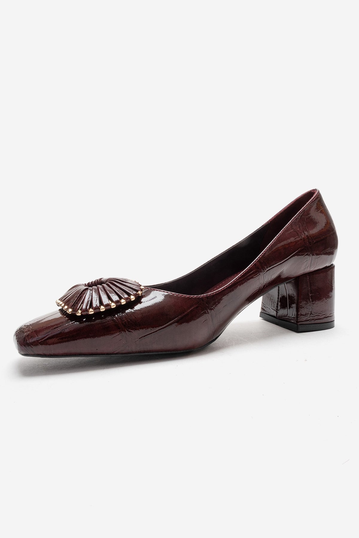 VELORA - Burgundy Buckled Block Heel Shoe – top view showing leather, SimmiUnique
