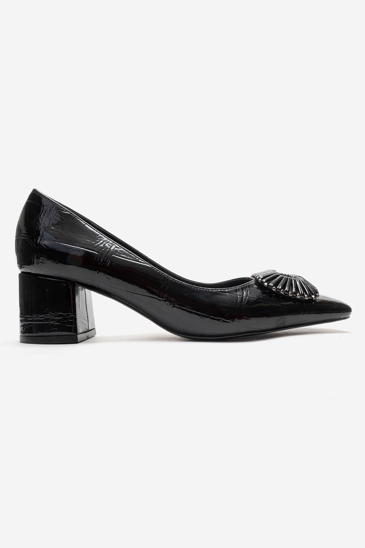 VELORA - Black Buckled Block Heel Shoe – heel view showing leather, black, SimmiUnique