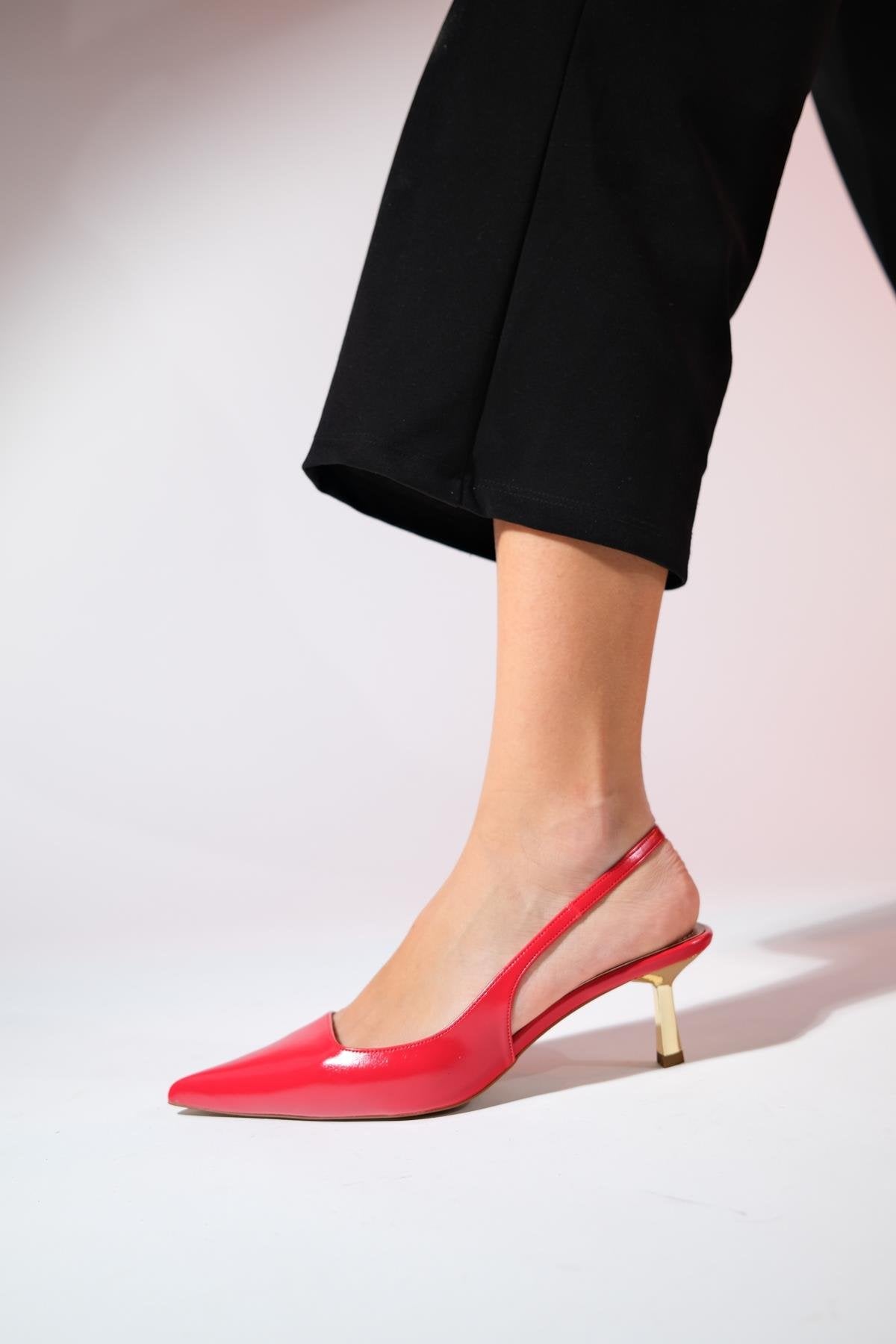 Marten - Red Pointed Toe Slingback Stiletto – detail view showing leather, red, SimmiUnique