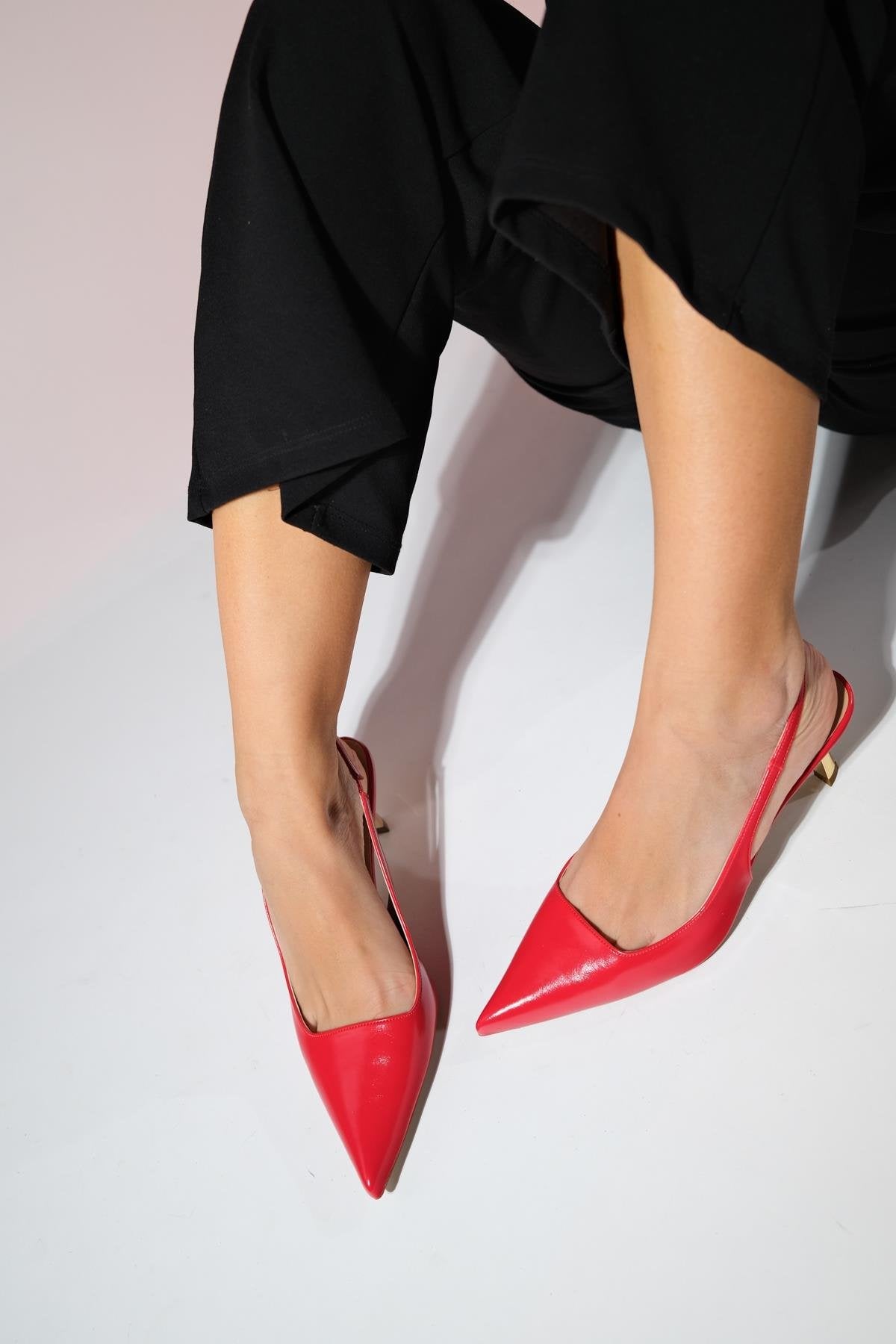 Marten - Red Pointed Toe Slingback Stiletto – heel view showing leather, red, SimmiUnique