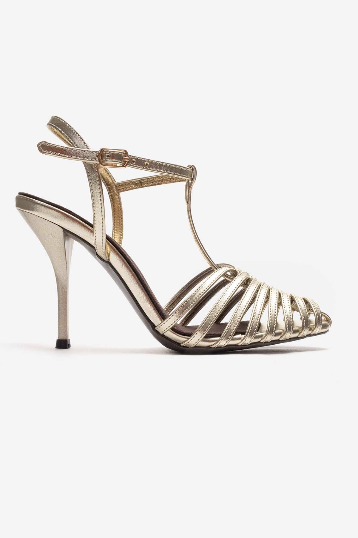PASION - Gold Stiletto Pump – heel view showing leather, metallic, gold, SimmiUnique