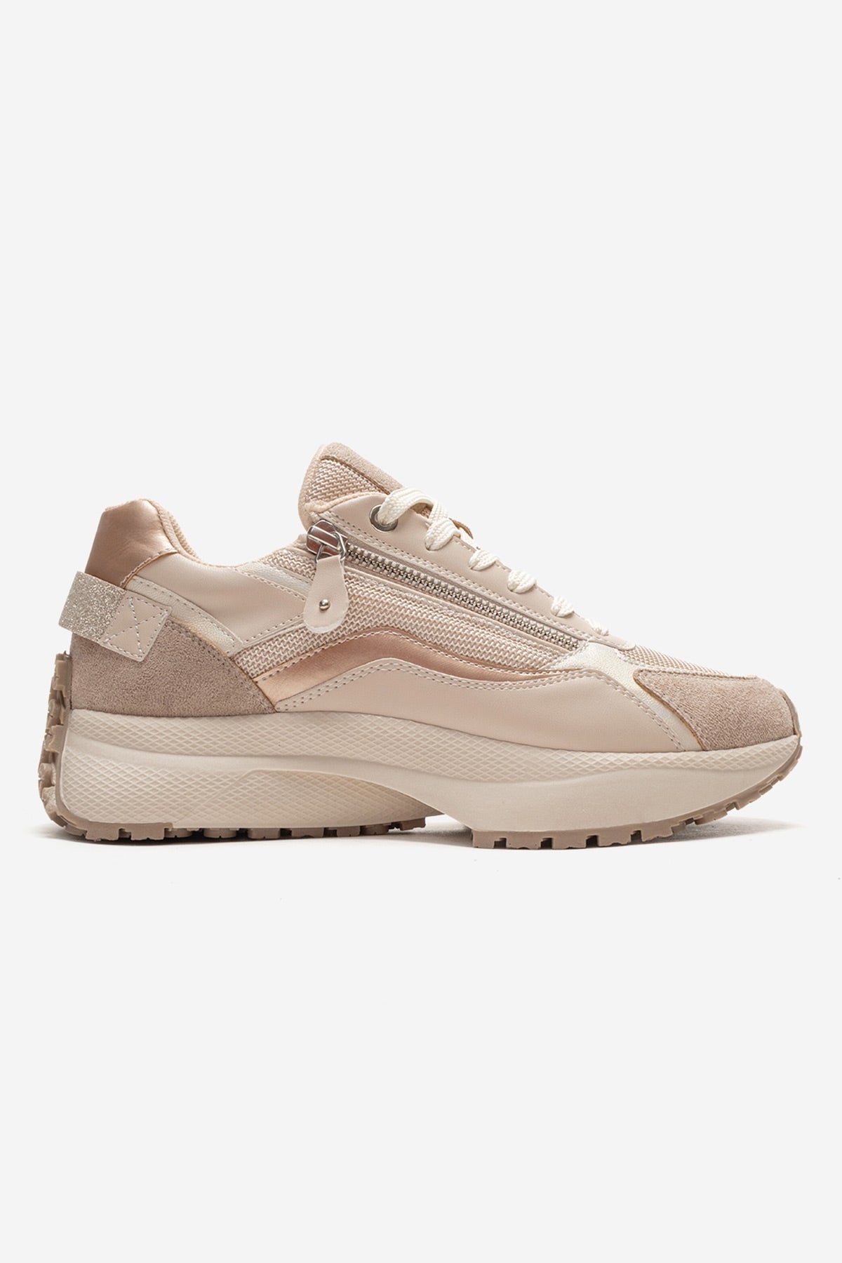 ROCCA - Beige Zip-Detail Genuine Leather Sneaker – heel view showing leather, SimmiUnique