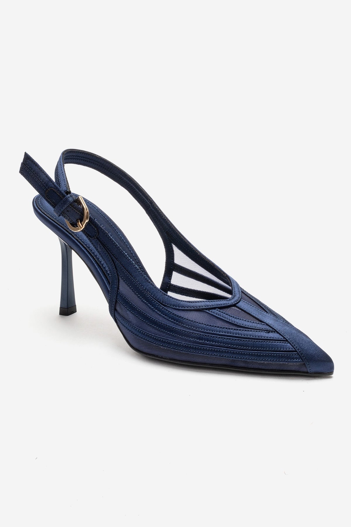 FAUNA - Navy Stiletto Pump – detail view showing red, SimmiUnique