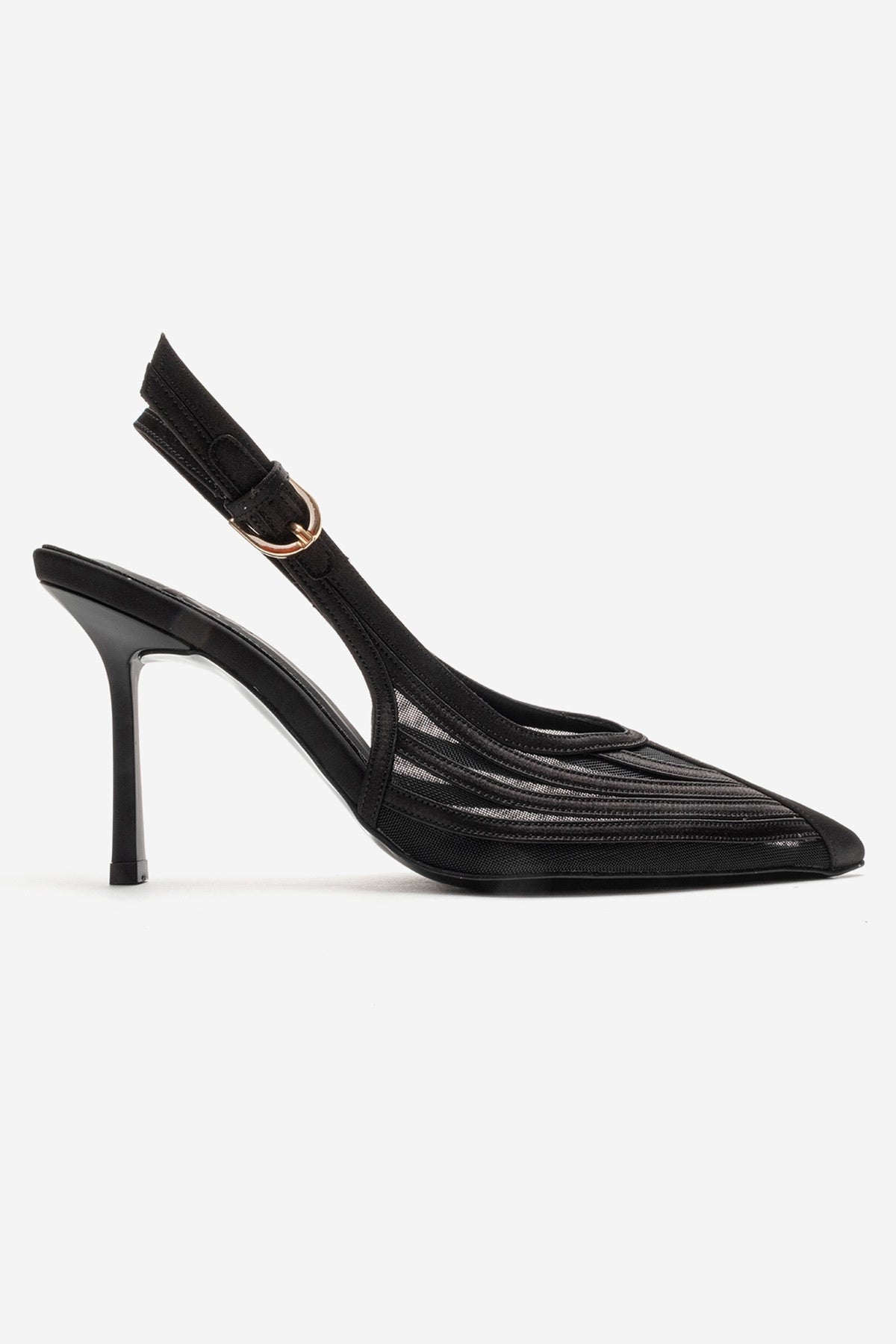 FAUNA - Black Satin Stiletto Pump – heel view showing satin, black, red, SimmiUnique