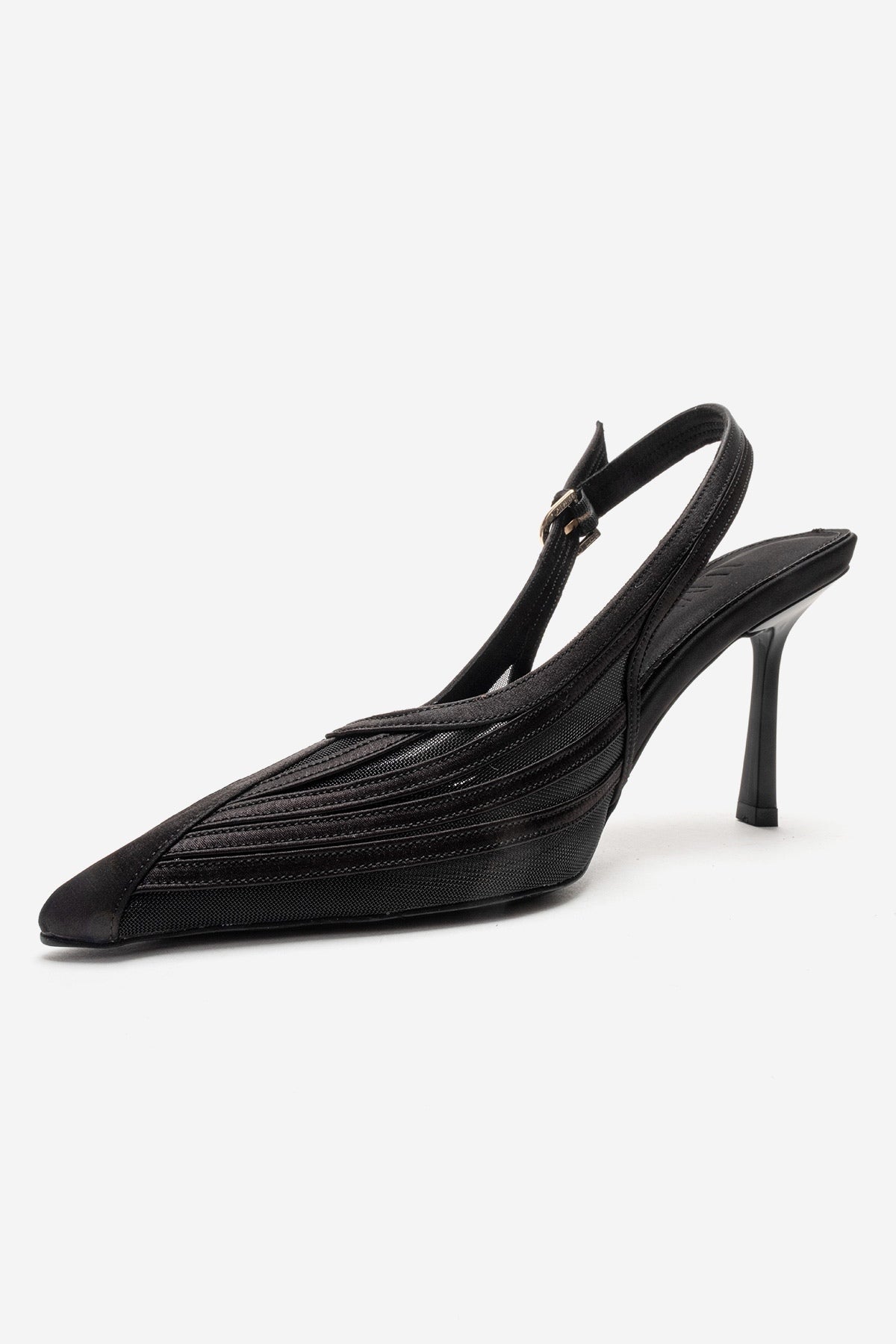 FAUNA - Black Satin Stiletto Pump – top view showing satin, black, red, SimmiUnique