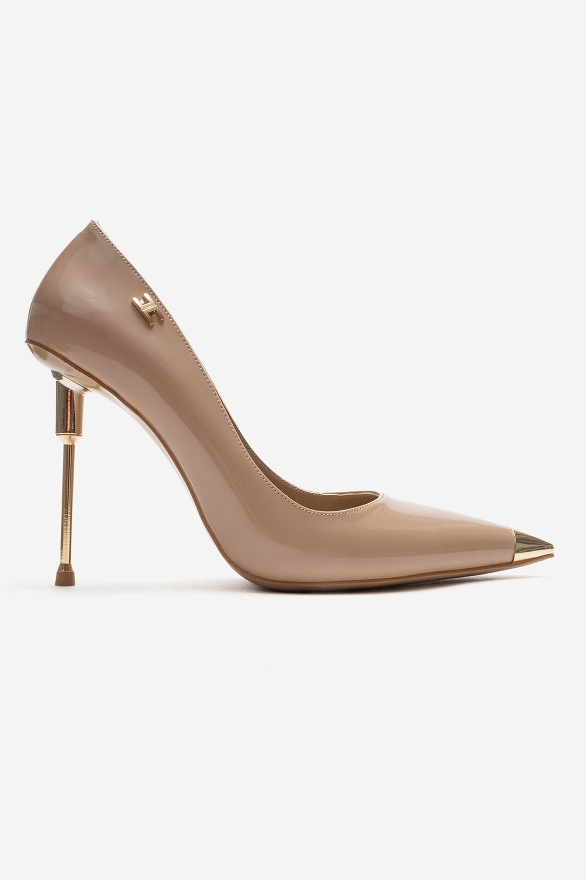 CARLAS - Beige Patent Stiletto Pump – heel view showing leather, SimmiUnique