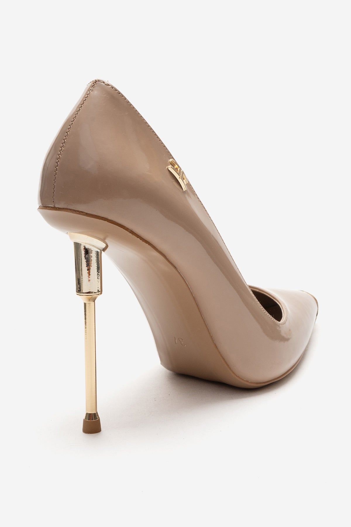 CARLAS - Beige Patent Stiletto Pump – back view showing leather, SimmiUnique