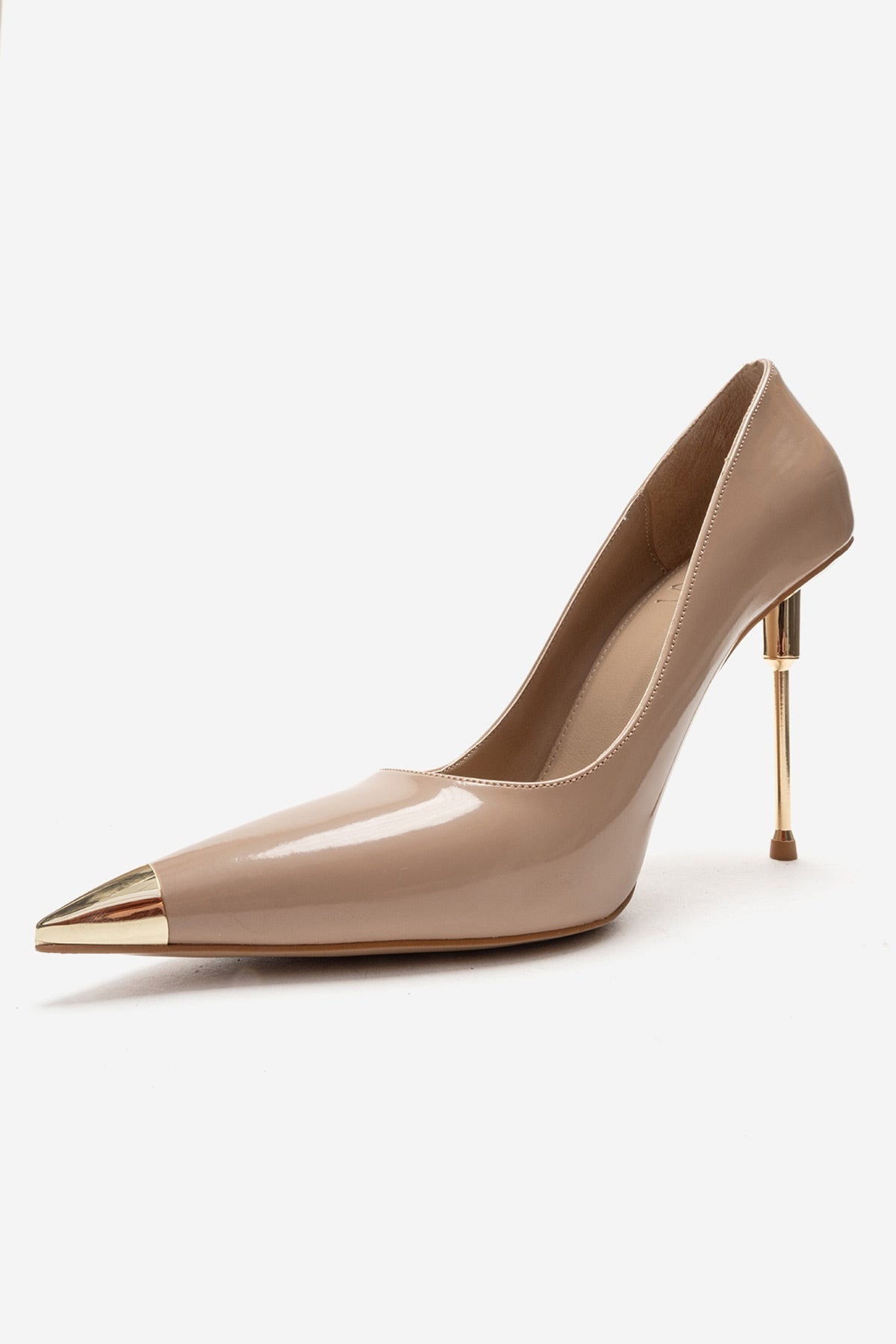 CARLAS - Beige Patent Stiletto Pump – top view showing leather, SimmiUnique