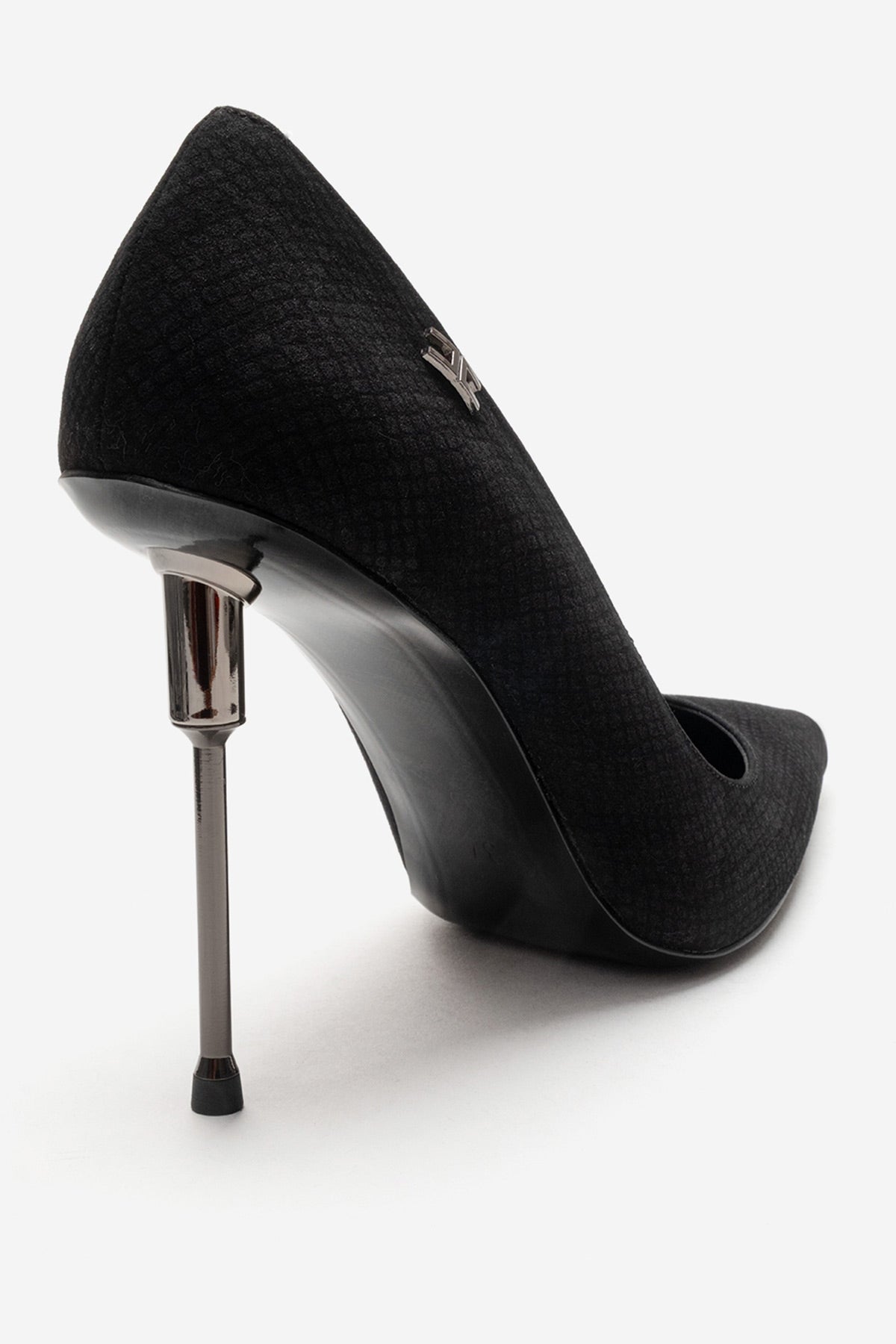CARLAS - Black Patterned Stiletto Pump – back view showing leather, black, SimmiUnique