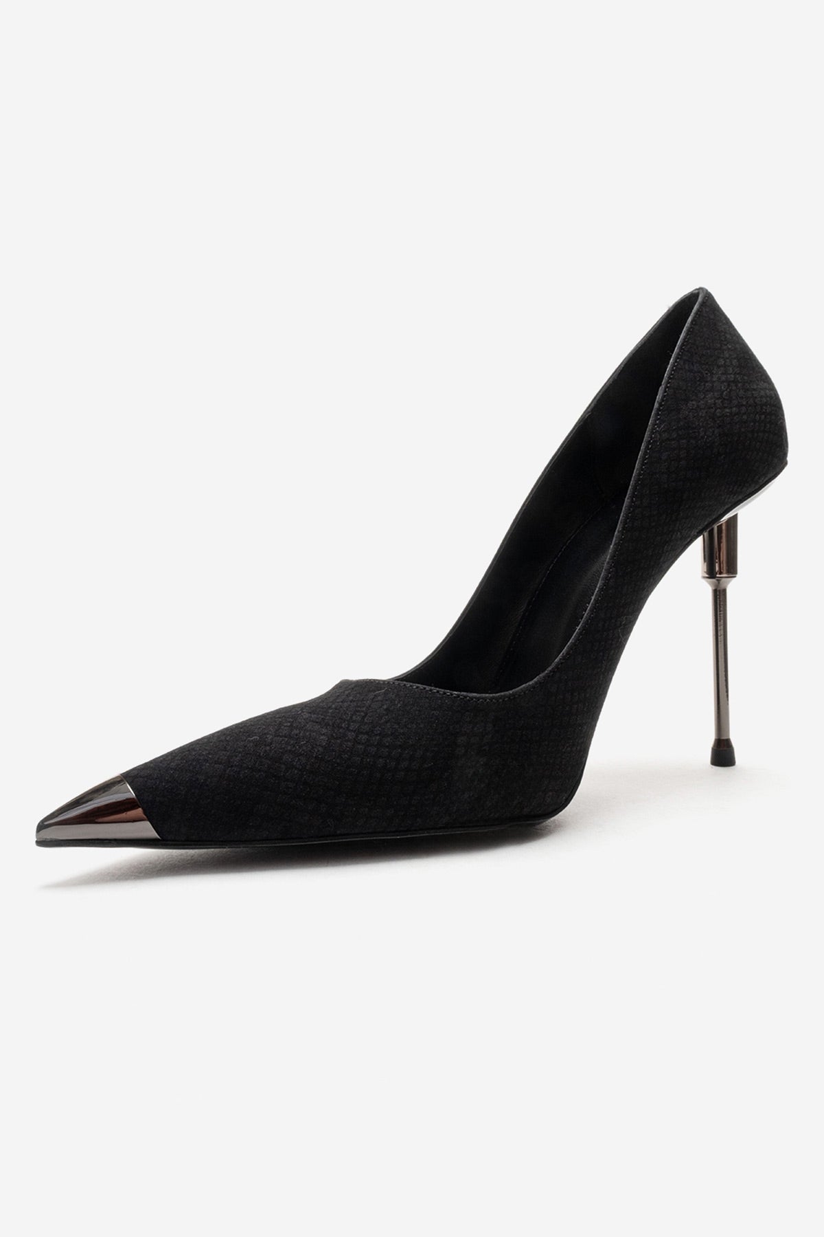 CARLAS - Black Patterned Stiletto Pump – top view showing leather, black, SimmiUnique