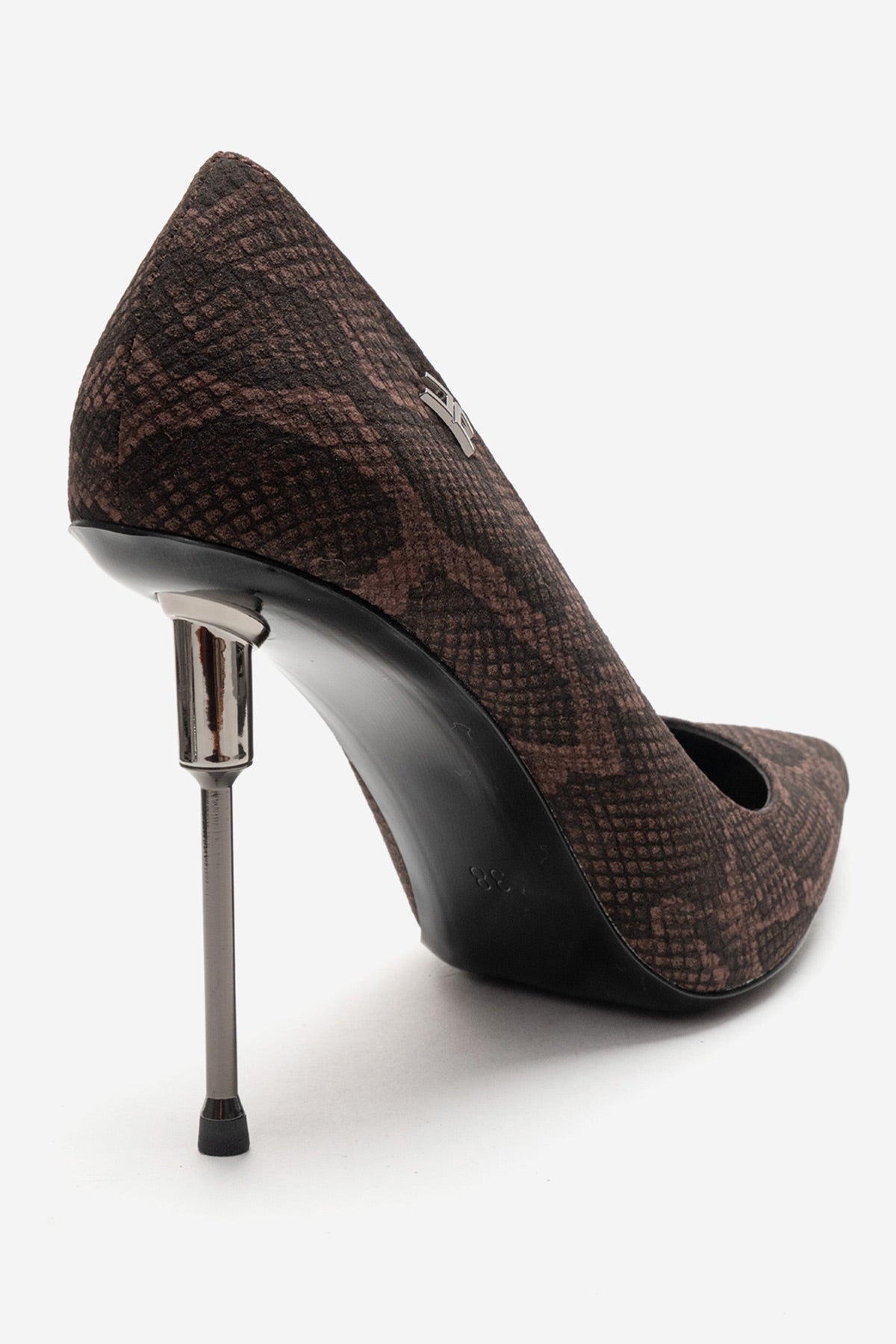 CARLAS - Brown Patterned Stiletto Pump – back view showing leather, red, SimmiUnique