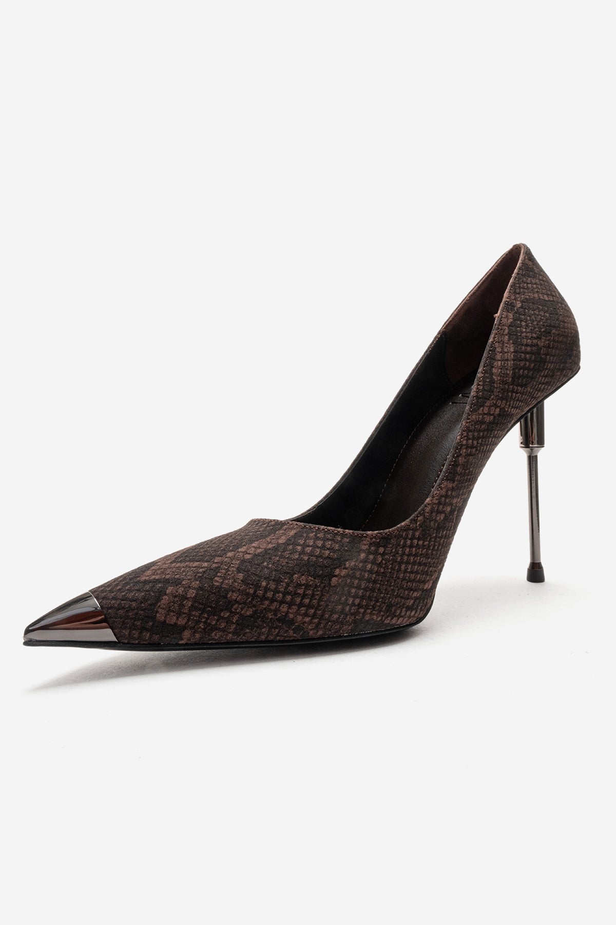 CARLAS - Brown Patterned Stiletto Pump – top view showing leather, red, SimmiUnique