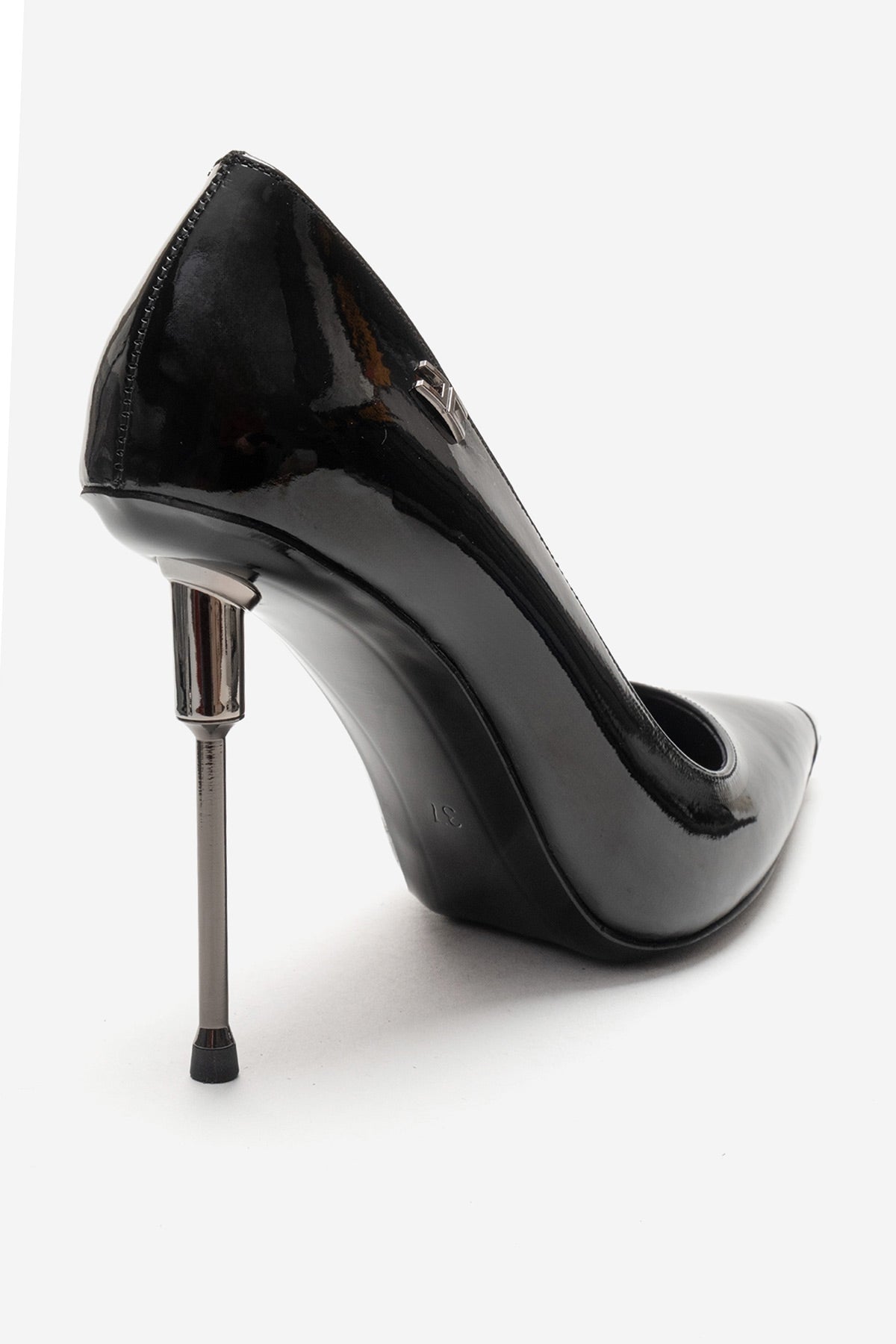 CARLAS - Black Patent Stiletto Pump – back view showing leather, black, SimmiUnique