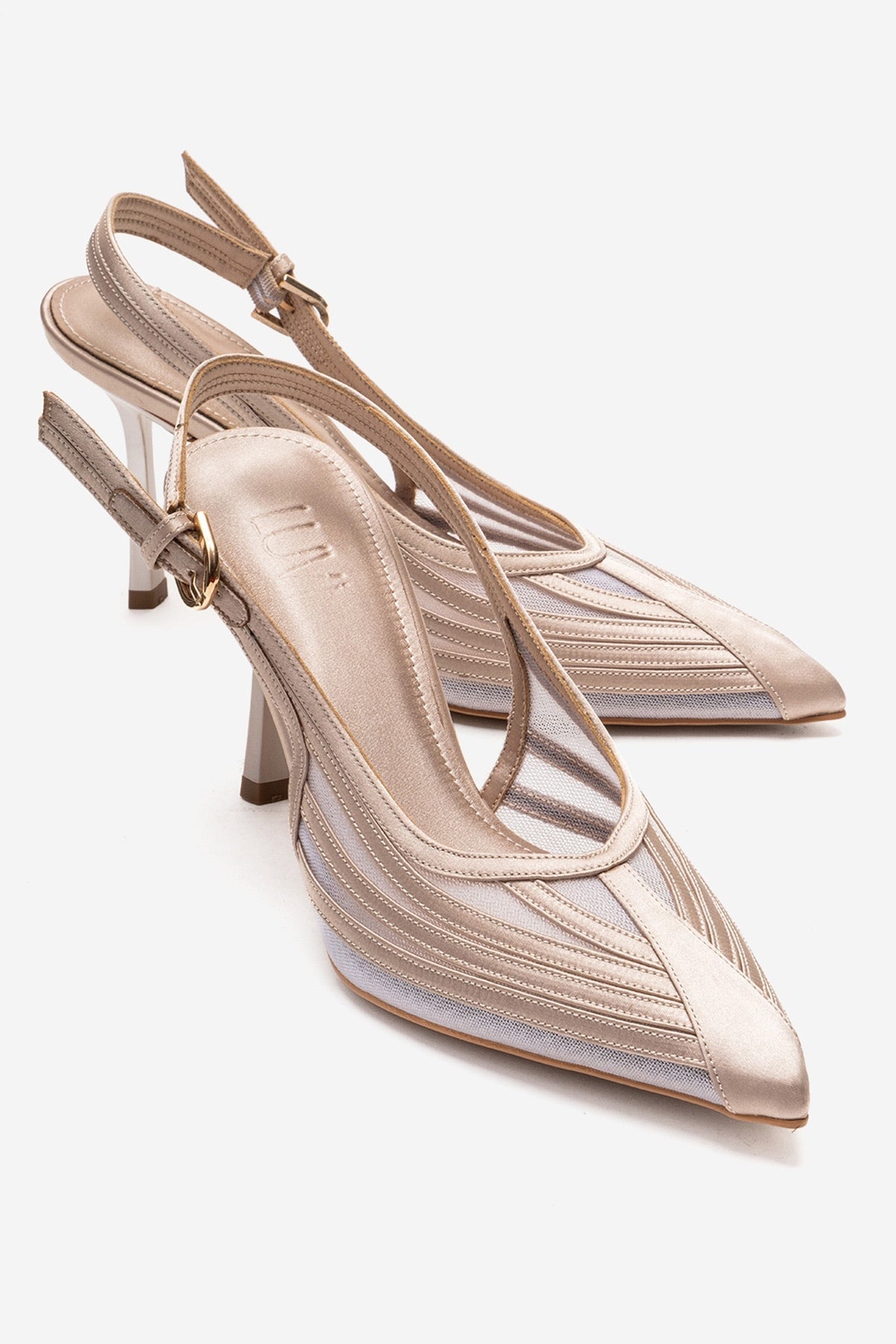 FAUNA - Beige Satin Stiletto Pump – front three-quarter view showing satin, red, SimmiUnique