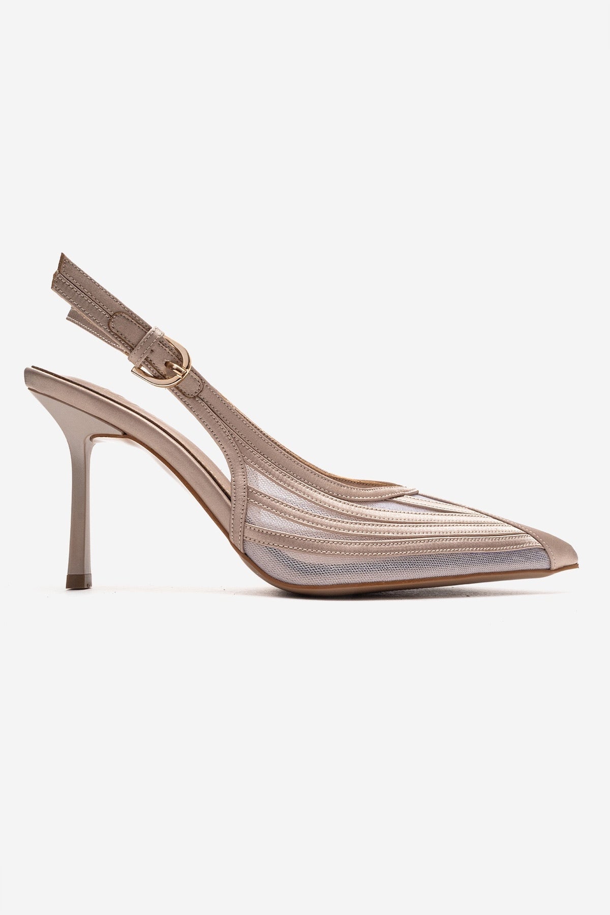 FAUNA - Beige Satin Stiletto Pump – heel view showing satin, red, SimmiUnique