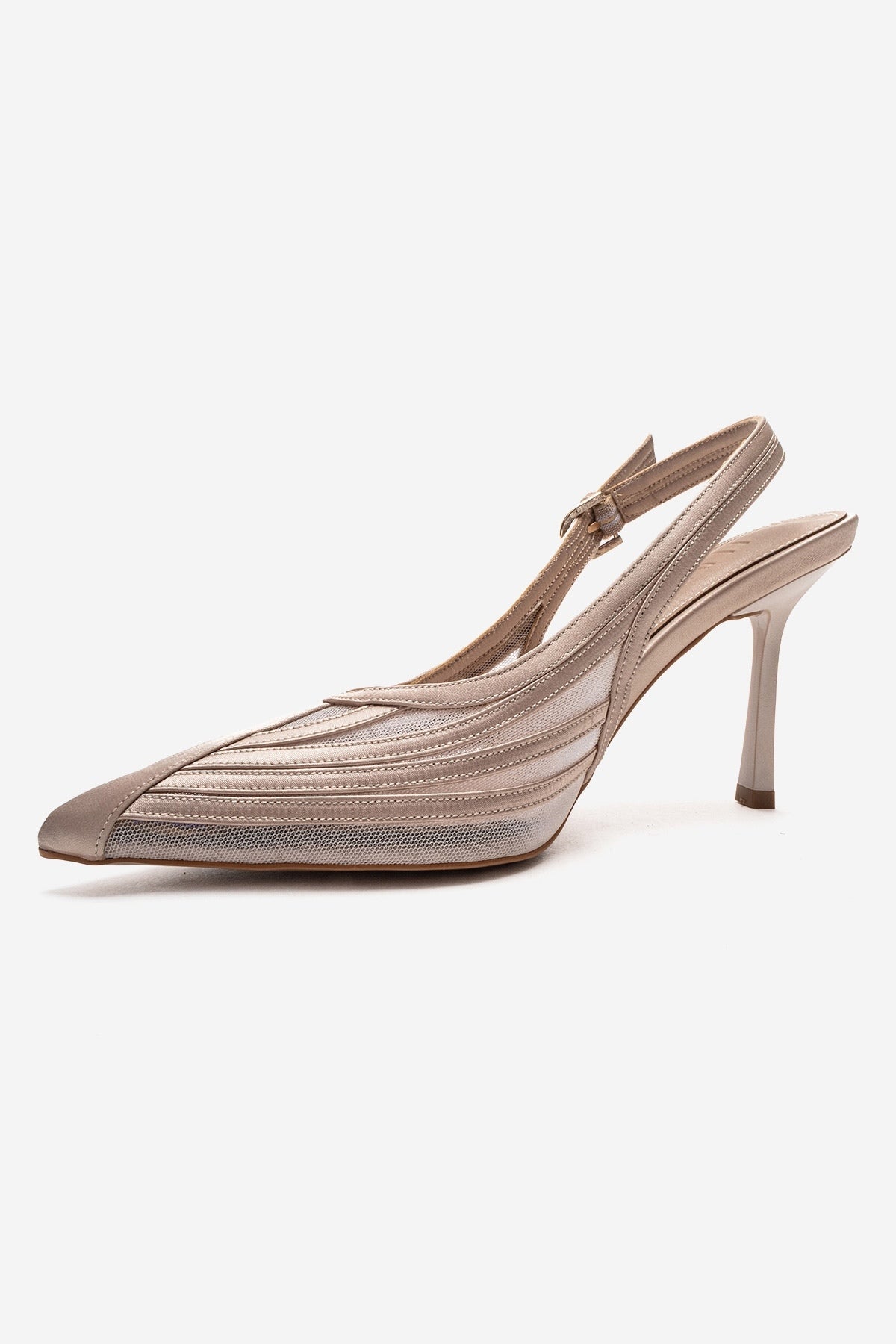 FAUNA - Beige Satin Stiletto Pump – top view showing satin, red, SimmiUnique
