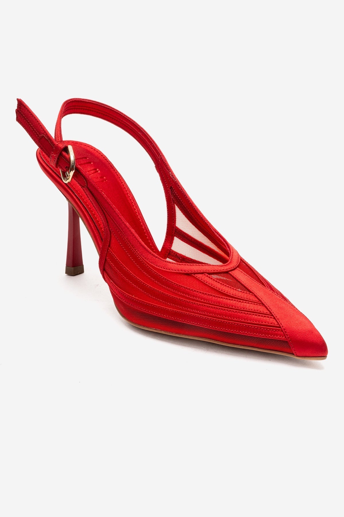 FAUNA - Red Satin Stiletto Pump – detail view showing satin, red, SimmiUnique