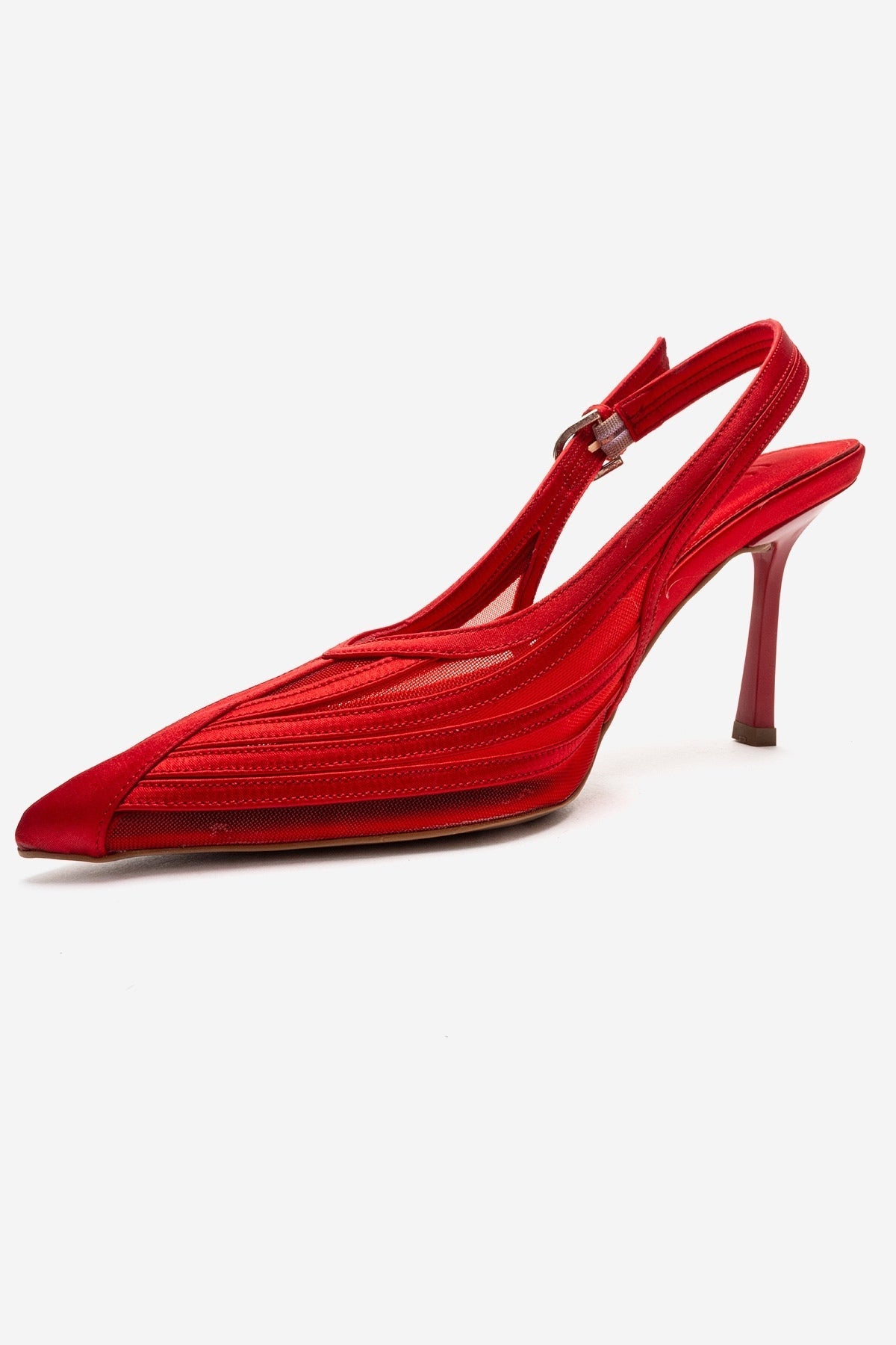 FAUNA - Red Satin Stiletto Pump – top view showing satin, red, SimmiUnique