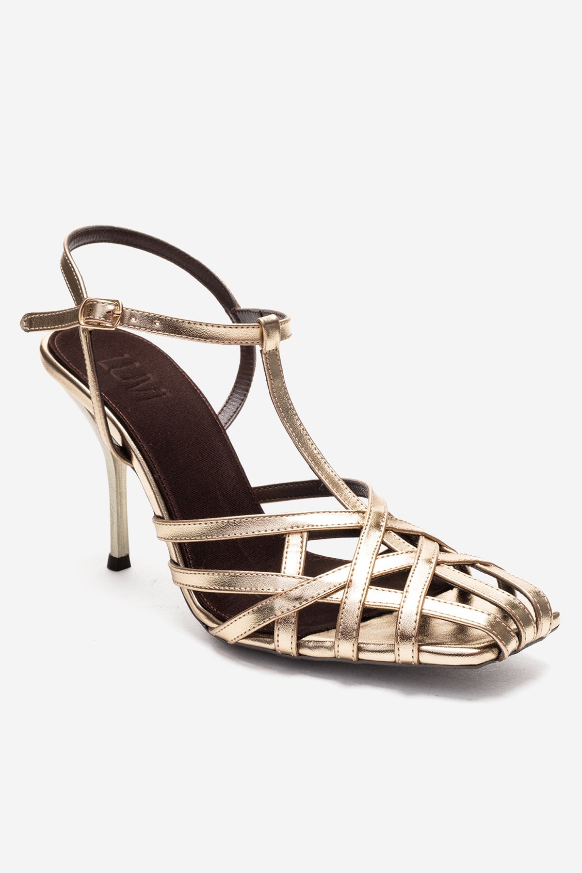 ALLOS - Gold Stiletto Pump – detail view showing leather, gold, SimmiUnique