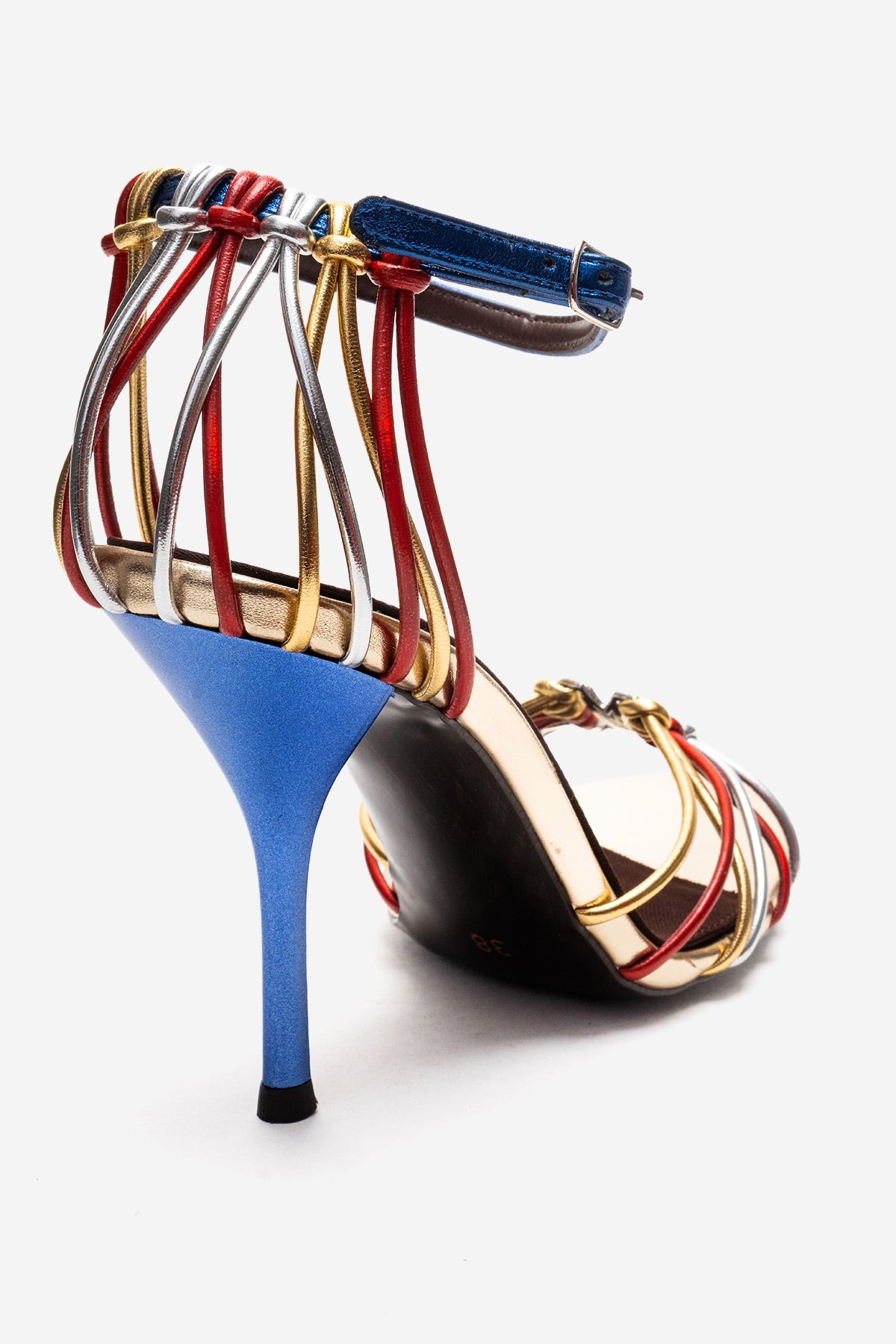 ARONA - Gold Multi Stiletto Heel Shoe – heel view showing leather, metallic, gold, SimmiUnique