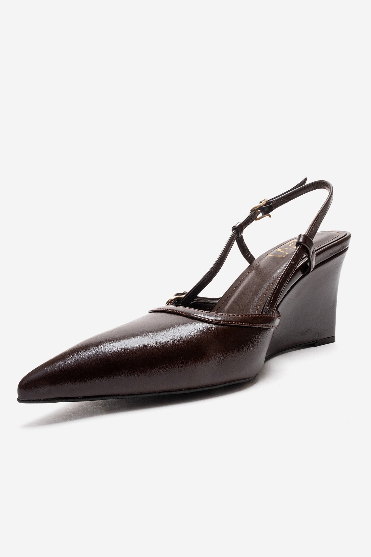 CELIA - Brown Block Heel Pointed Toe Shoe – top view showing leather, SimmiUnique