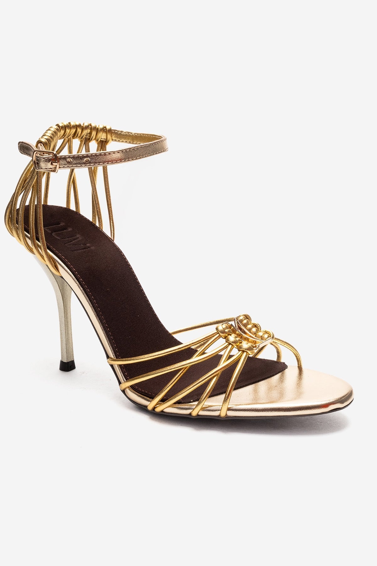 ARONA - Gold Stiletto Heel Shoe – detail view showing leather, metallic, gold, SimmiUnique