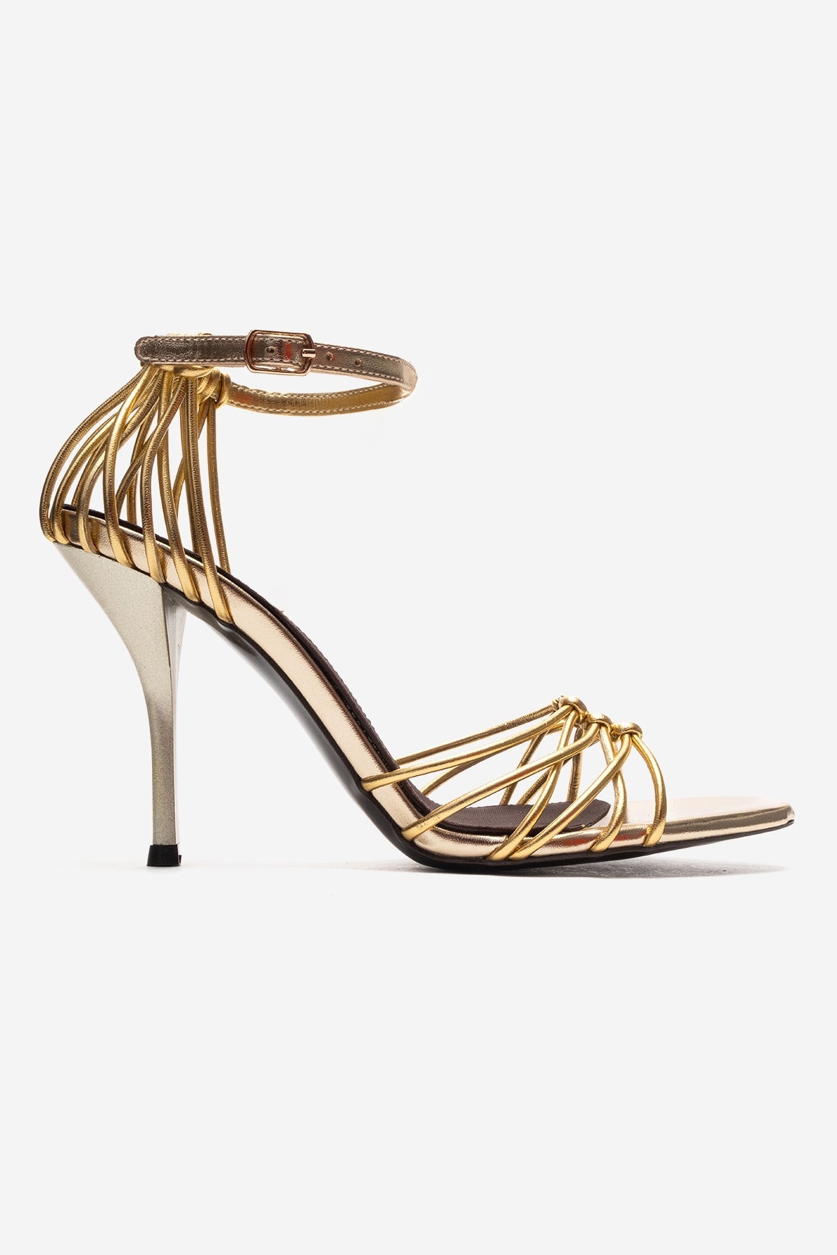 ARONA - Gold Stiletto Heel Shoe – heel view showing leather, metallic, gold, SimmiUnique