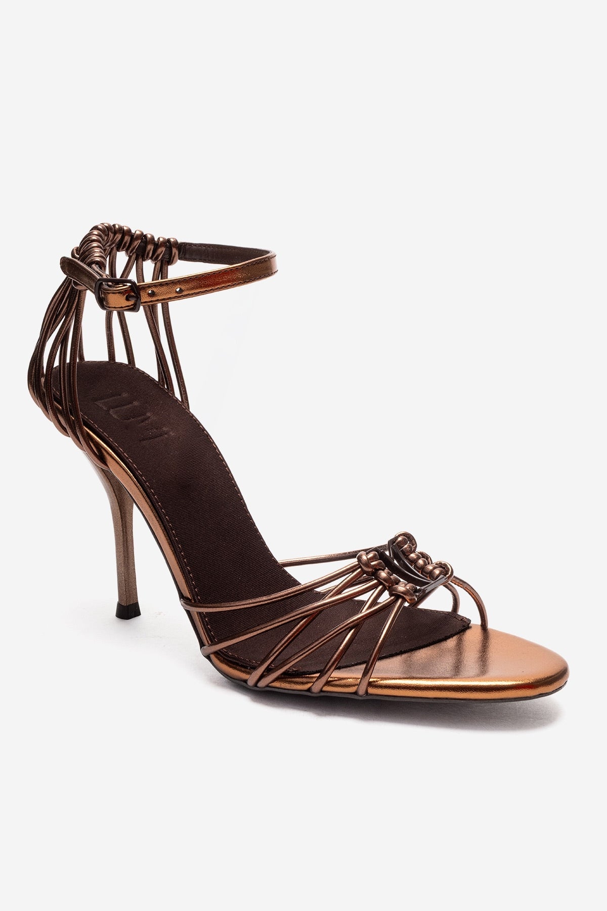 ARONA - Cognac Stiletto Heel Shoe – detail view showing leather, metallic, red, SimmiUnique