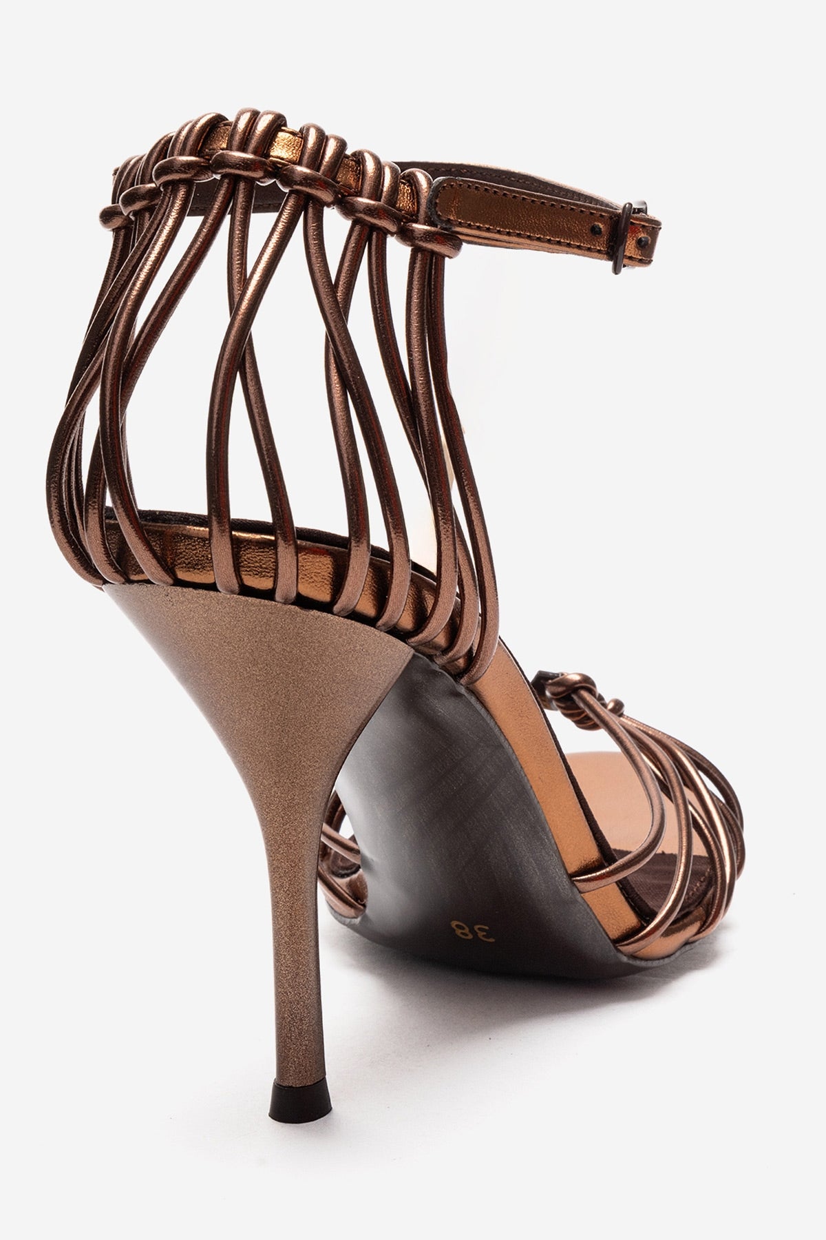 ARONA - Cognac Stiletto Heel Shoe – back view showing leather, metallic, red, SimmiUnique