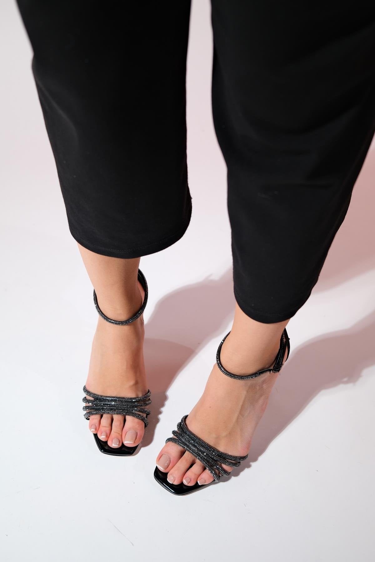 Monica - Black Patent Stiletto Heel Evening Shoe – heel view showing leather, black, SimmiUnique