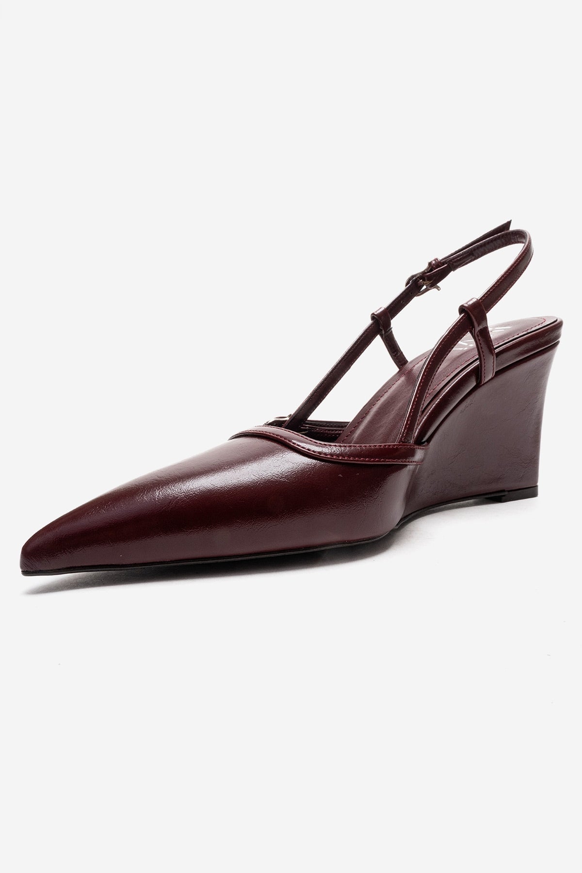 CELIA - Burgundy Genuine Leather Pointed Toe Wedge Heel Shoe – top view showing leather, red, SimmiUnique