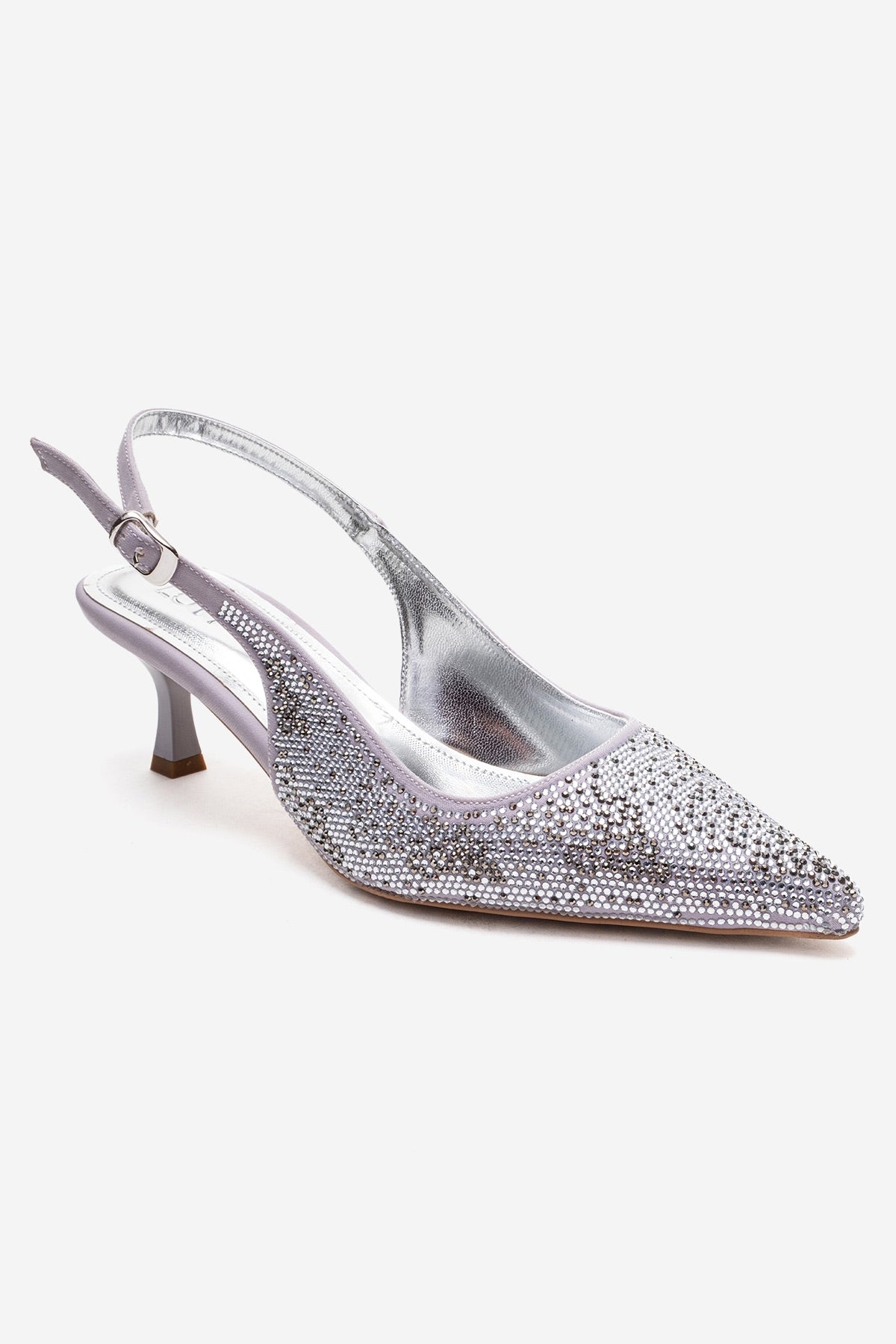 NELLA - Silver Jeweled Slingback Stiletto Pump – detail view showing leather, silver, SimmiUnique