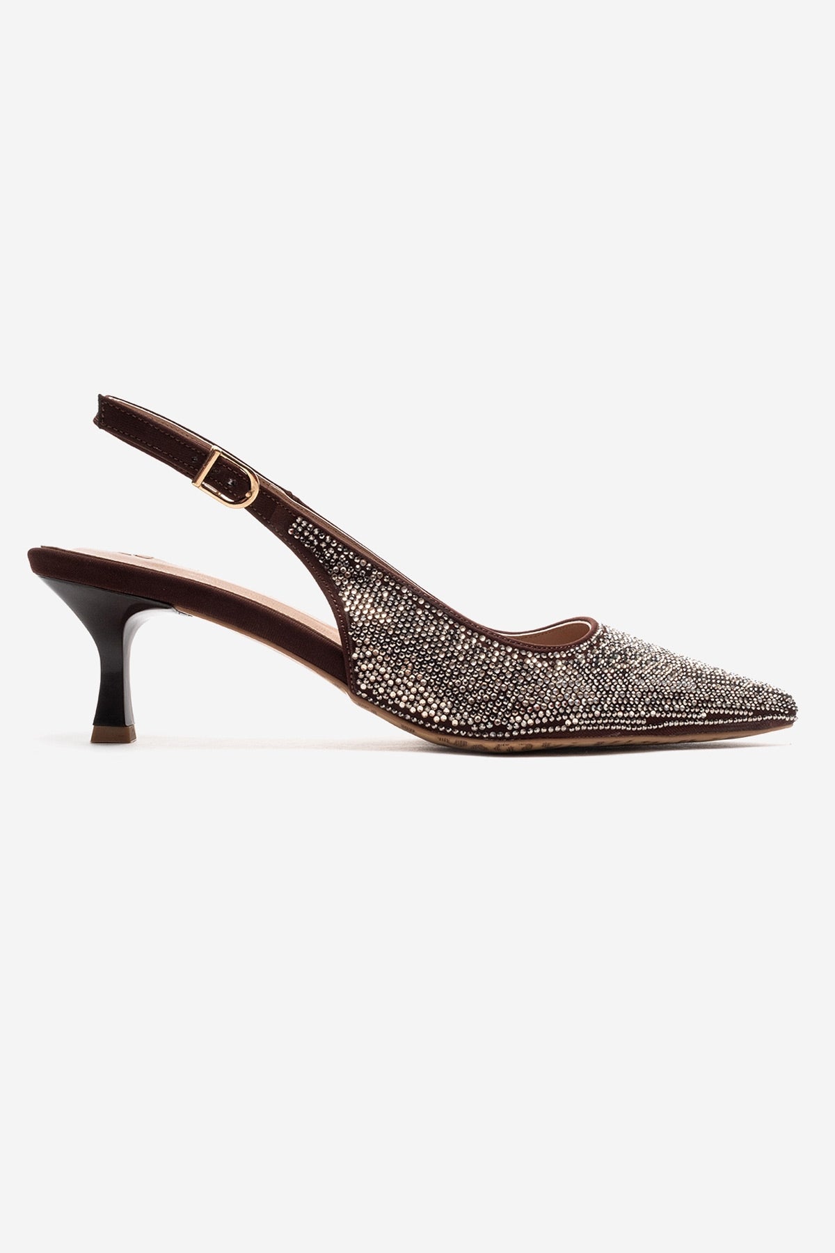 NELLA - Brown Gold Jeweled Slingback Stiletto Pump – heel view showing leather, gold, SimmiUnique