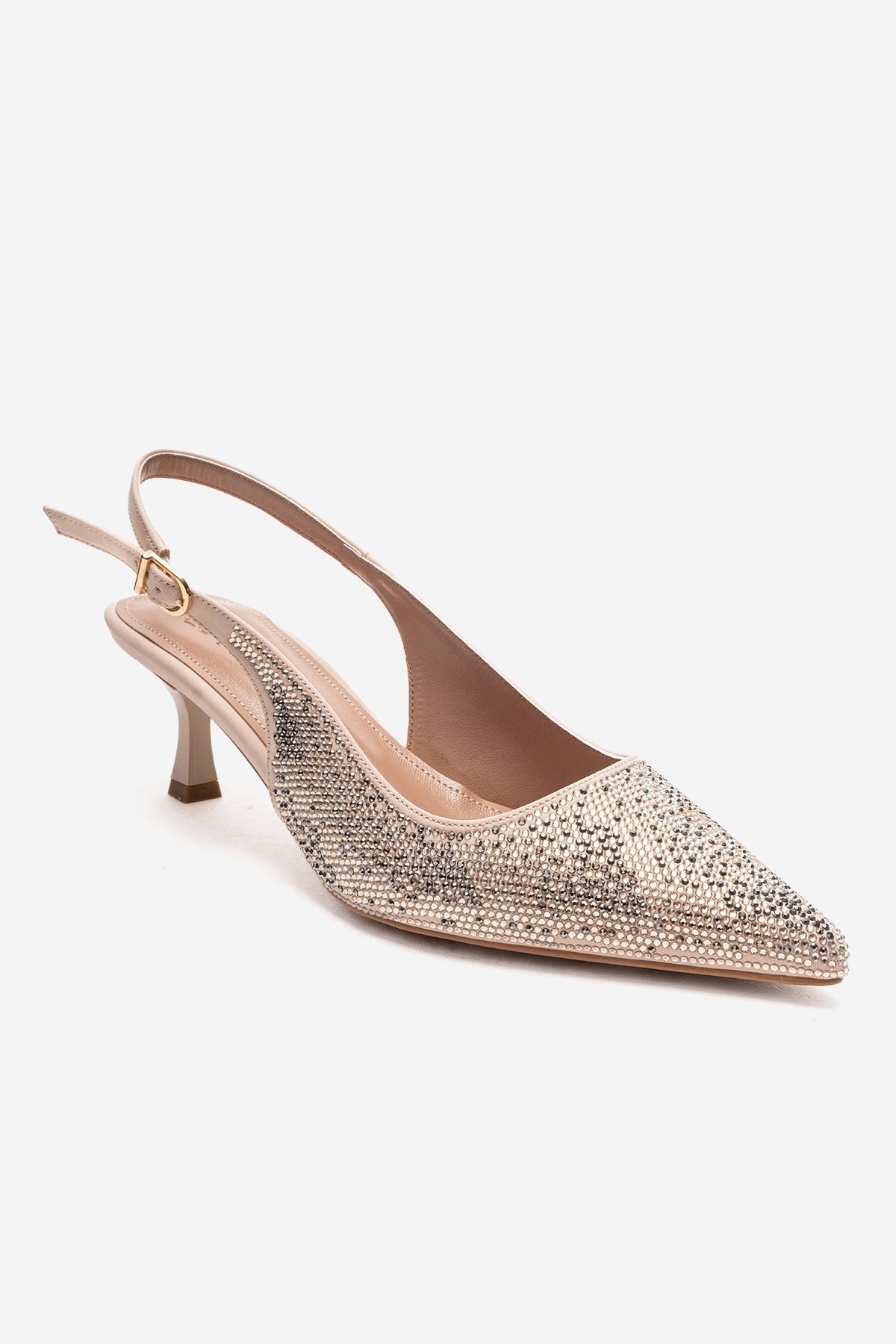 NELLA - Nude Gold Jeweled Slingback Stiletto Pump – detail view showing leather, gold, nude, SimmiUnique