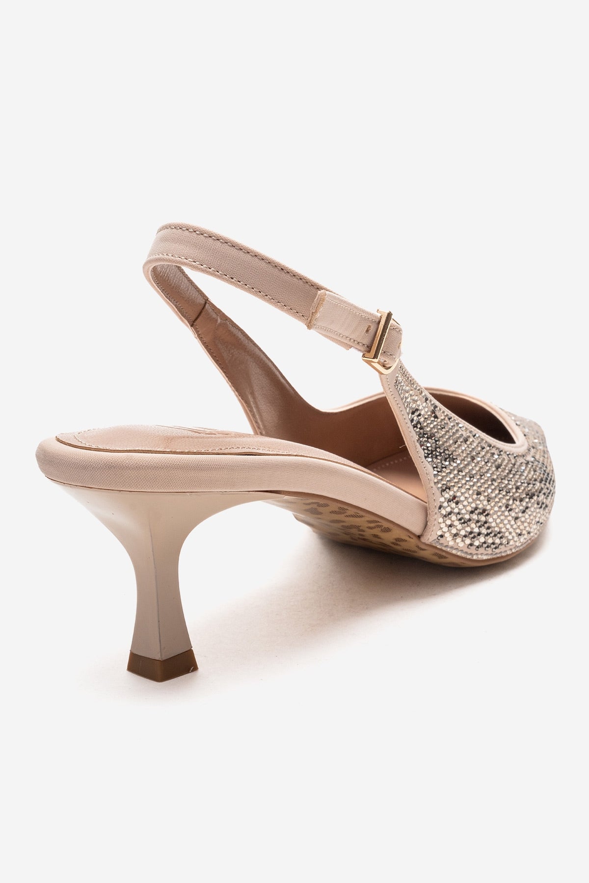 NELLA - Nude Gold Jeweled Slingback Stiletto Pump – back view showing leather, gold, nude, SimmiUnique