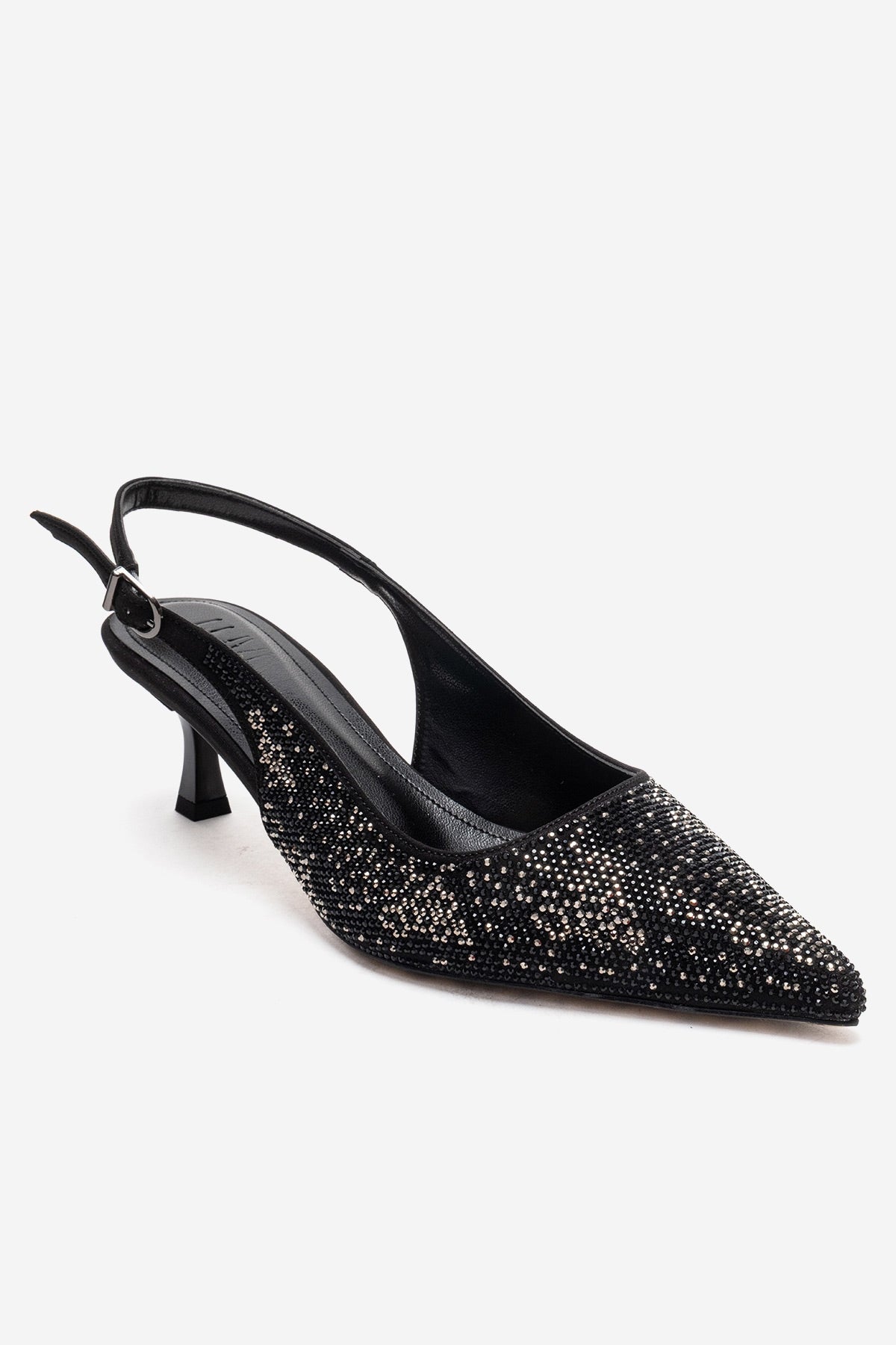 NELLA - Black Platinum Jeweled Slingback Stiletto Pump – detail view showing crystal, leather, black, SimmiUnique