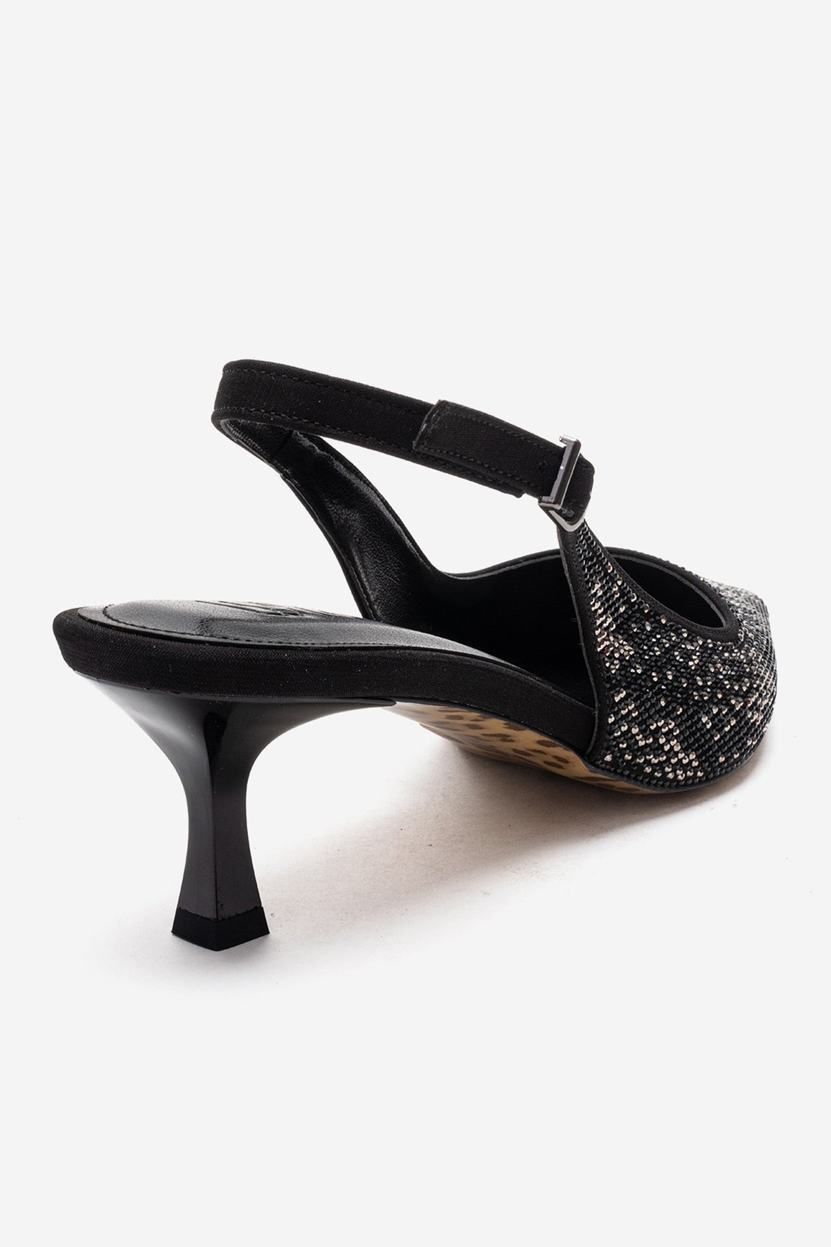 NELLA - Black Platinum Jeweled Slingback Stiletto Pump – back view showing crystal, leather, black, SimmiUnique