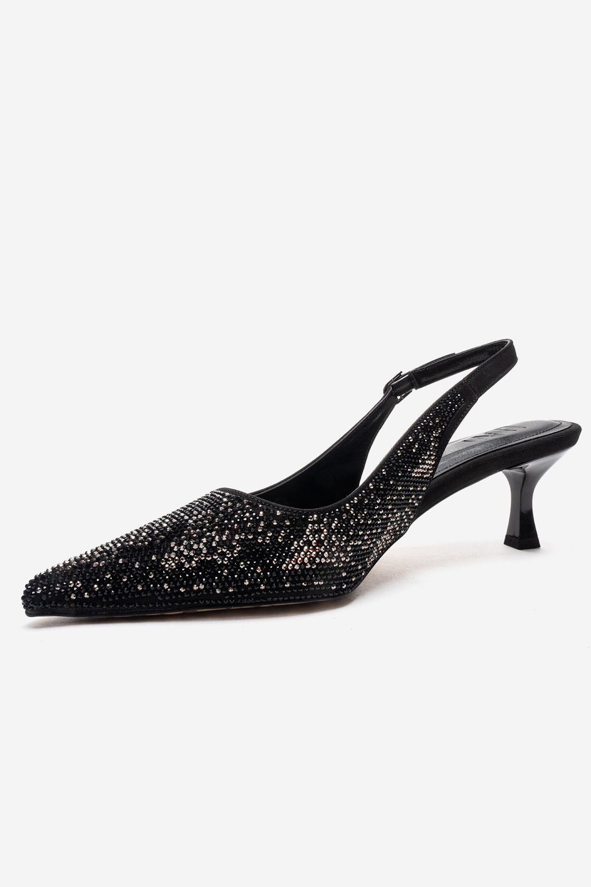 NELLA - Black Platinum Jeweled Slingback Stiletto Pump – top view showing crystal, leather, black, SimmiUnique
