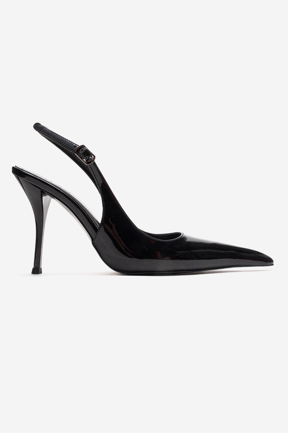 CANDY - Black Pointed Toe Slingback Stiletto Pump – heel view showing leather, black, SimmiUnique