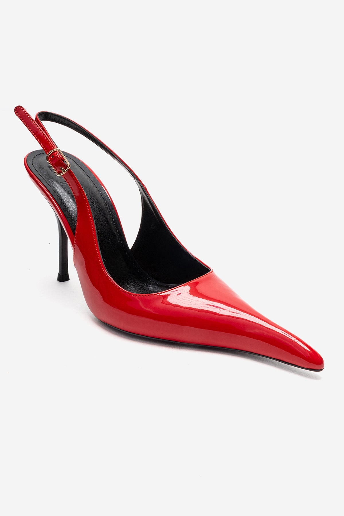 CANDY - Red Genuine Leather Patent Pointed-Toe Stiletto Pump – detail view showing leather, red, SimmiUnique