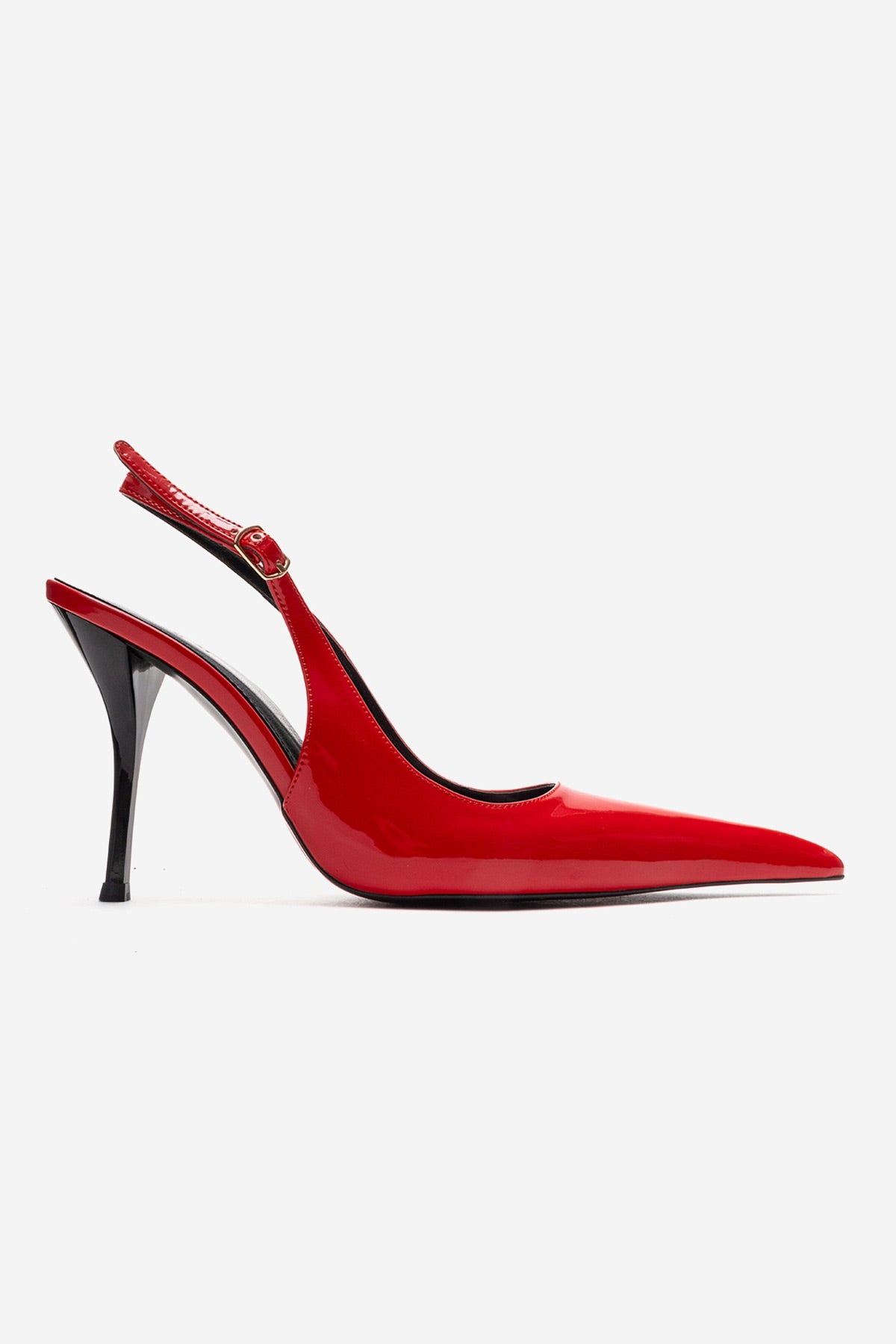 CANDY - Red Genuine Leather Patent Pointed-Toe Stiletto Pump – heel view showing leather, red, SimmiUnique