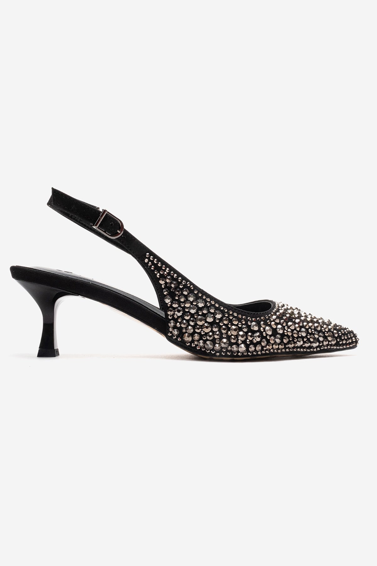 THEA - Black Genuine Leather Platinum-Crystal-Embellished Kitten Heel – heel view showing crystal, leather, black…
