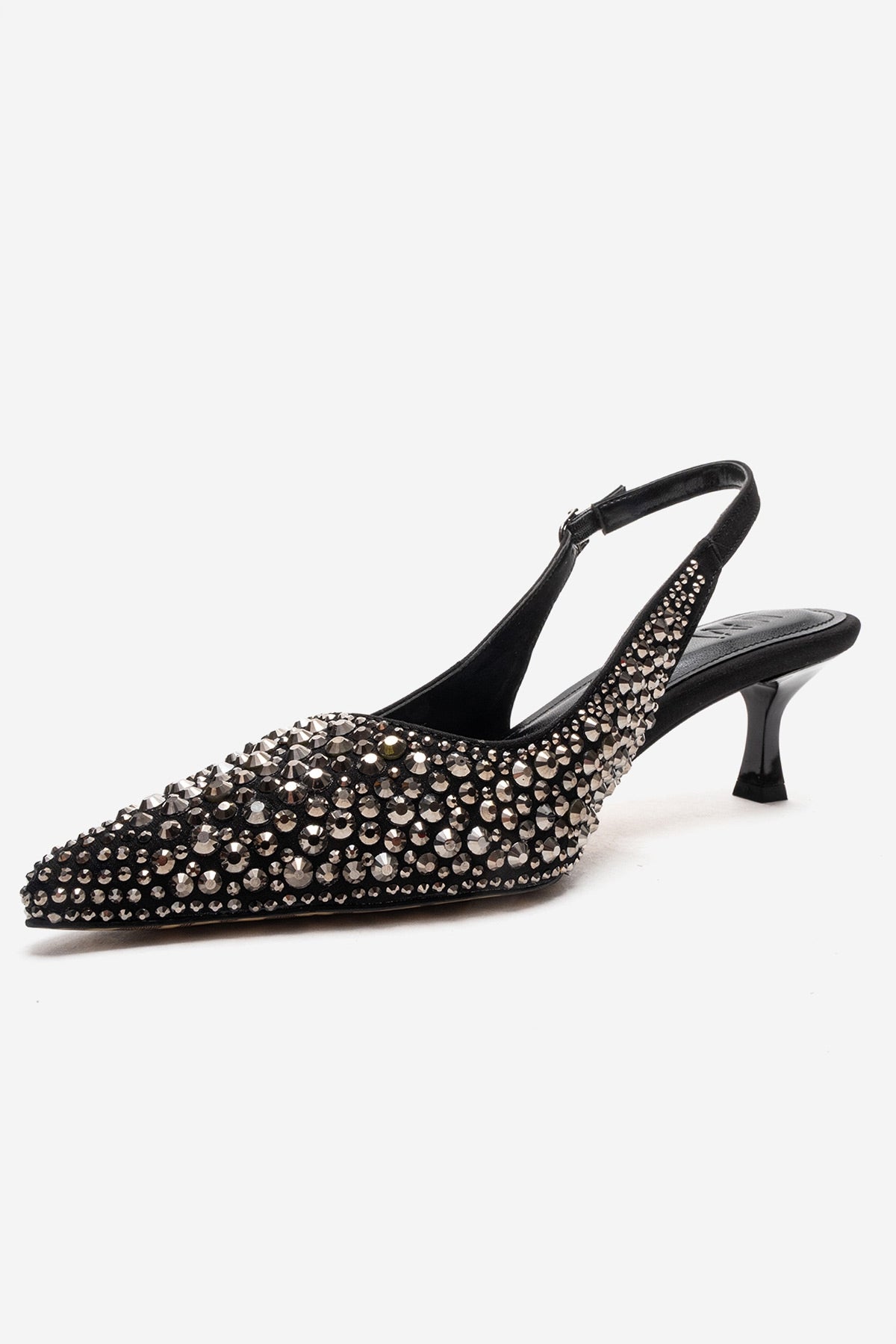 THEA - Black Genuine Leather Platinum-Crystal-Embellished Kitten Heel – top view showing crystal, leather, black, SimmiUnique