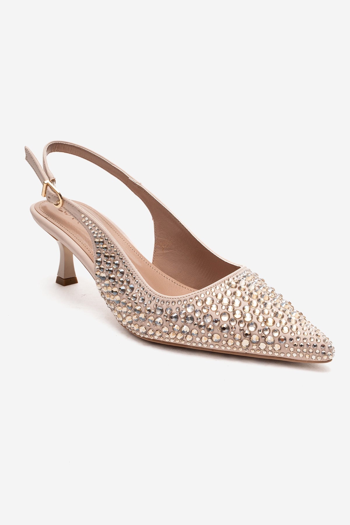 THEA - Nude Genuine Leather Gold-Crystal-Embellished Kitten Heel – detail view showing crystal, leather, gold, SimmiUnique