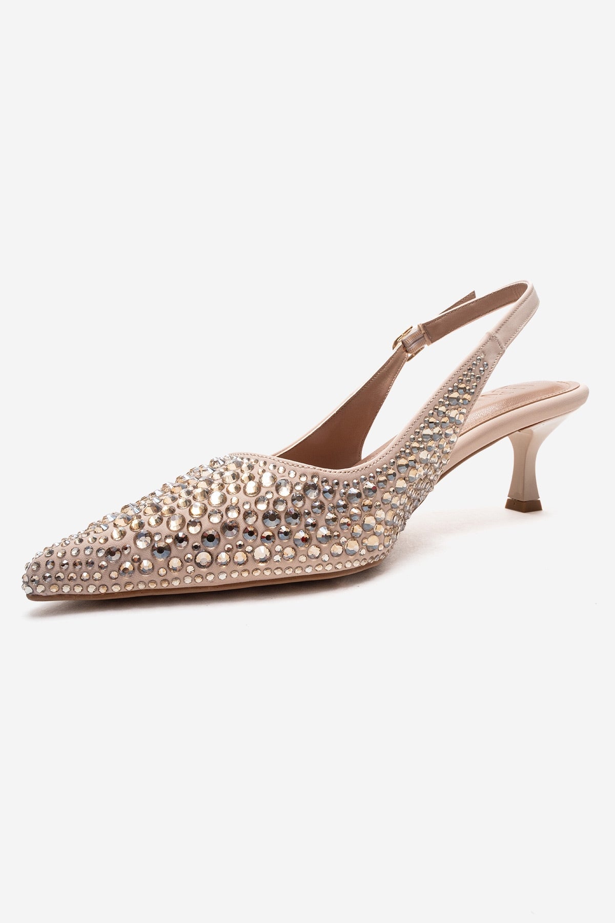 THEA - Nude Genuine Leather Gold-Crystal-Embellished Kitten Heel – top view showing crystal, leather, gold, SimmiUnique