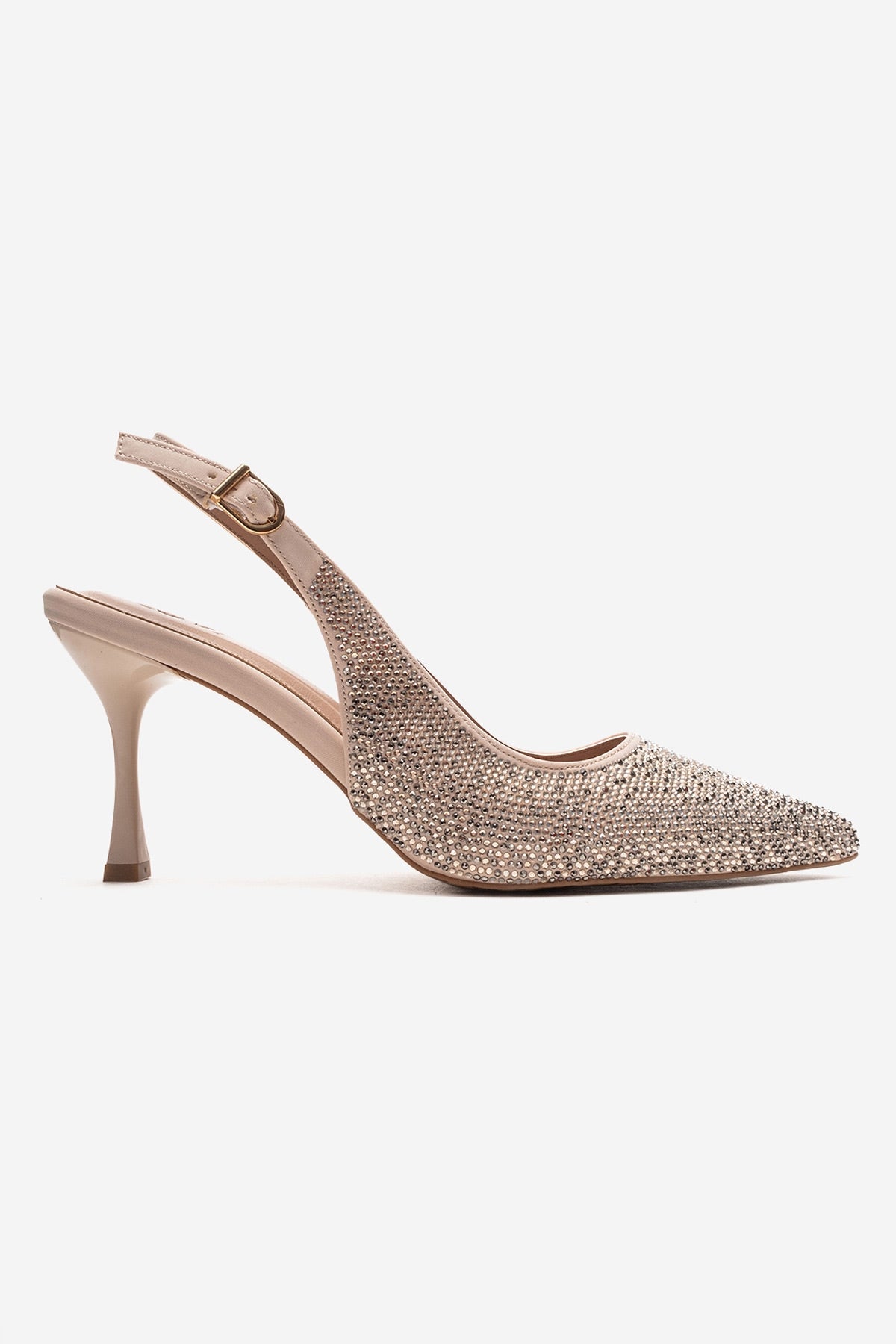 JOHANNA - Nude Genuine Leather Gold-Crystal-Embellished Stiletto Pump – heel view showing crystal, leather, gold, SimmiUnique