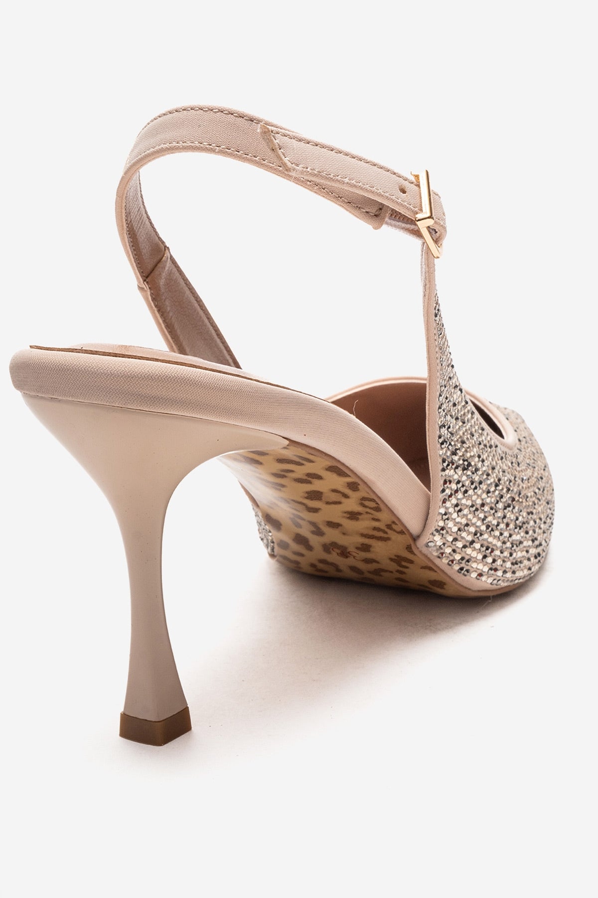 JOHANNA - Nude Genuine Leather Gold-Crystal-Embellished Stiletto Pump – back view showing crystal, leather, gold, SimmiUnique
