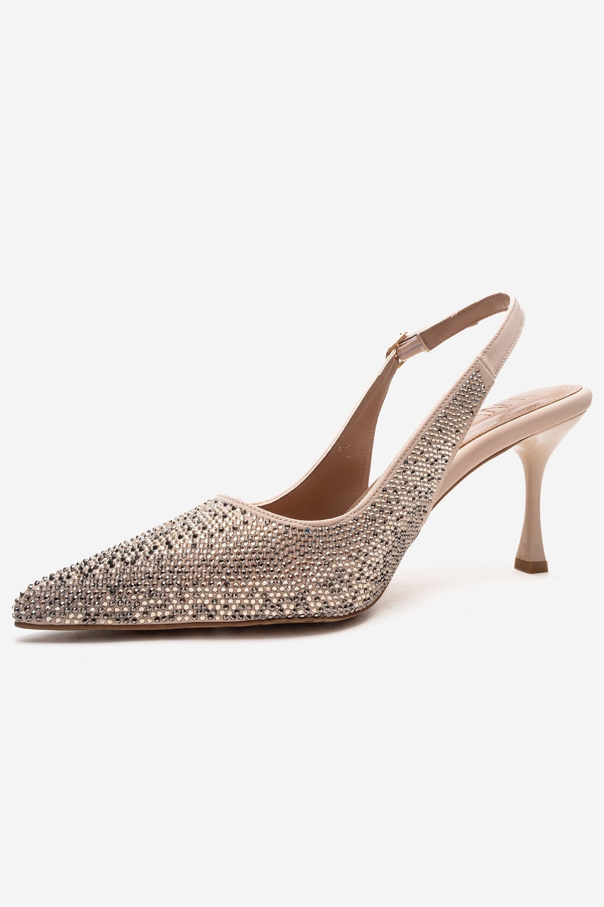 JOHANNA - Nude Genuine Leather Gold-Crystal-Embellished Stiletto Pump – top view showing crystal, leather, gold, SimmiUnique